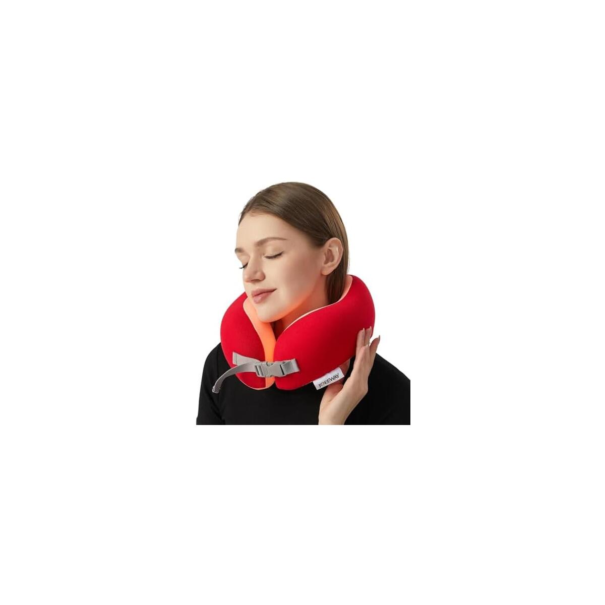 Joeeway Travel Neck Pillow for Airplane, Plant-Based Memory Foam Neck Support Pillow with Adjustable Press Buckle & Washable 2-Layer Cover, Ideal for Long Flights, Road Trips & Office Naps,Deep Red