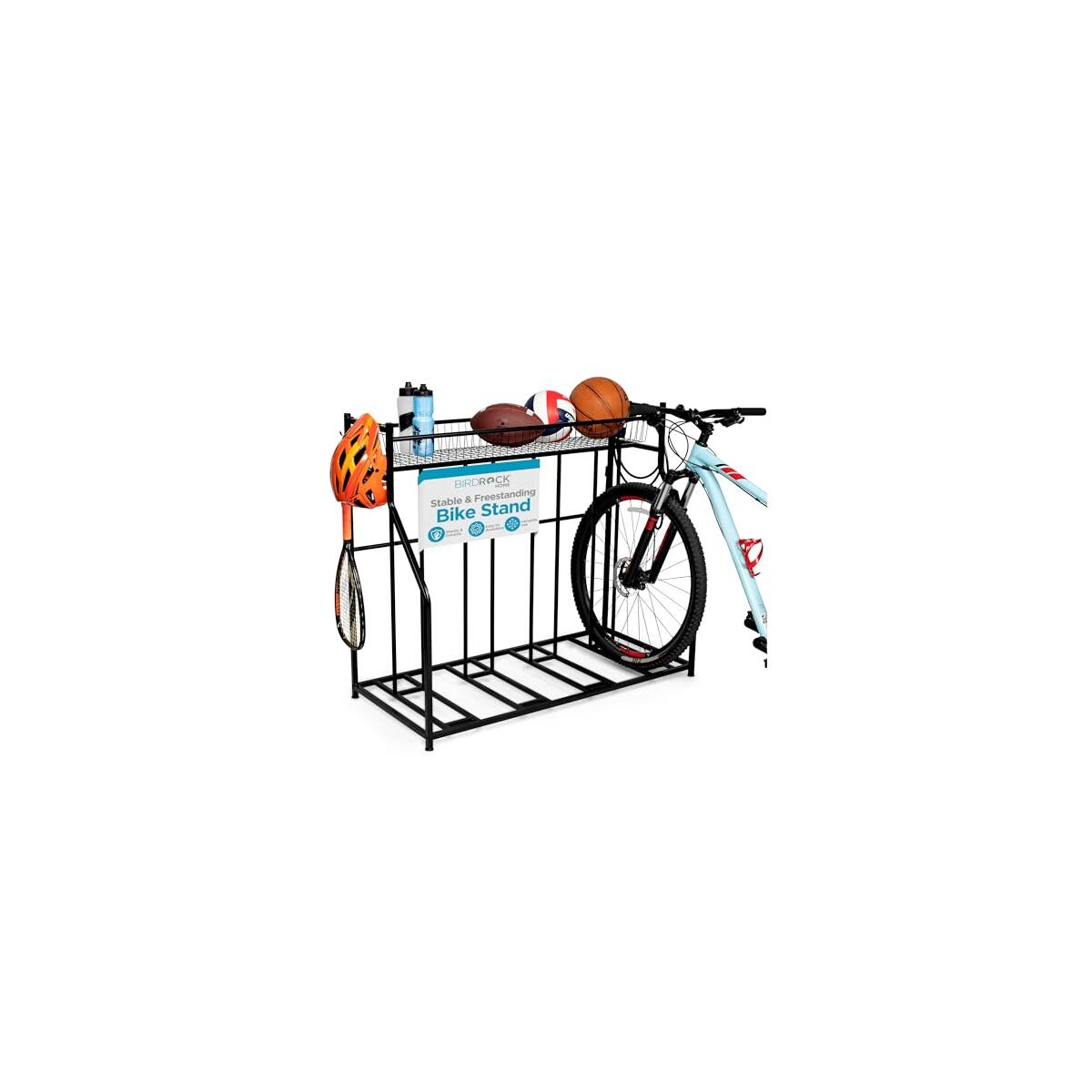 BIRDROCK HOME Bike Rack Garage Storage Floor Stand - Freestanding Organizer for Outdoor Yard - Upright Wall Mount for Scooters, Rakes, Motorcycles, Hoverboards, Gloves - Holds 4 Bicycle - Black