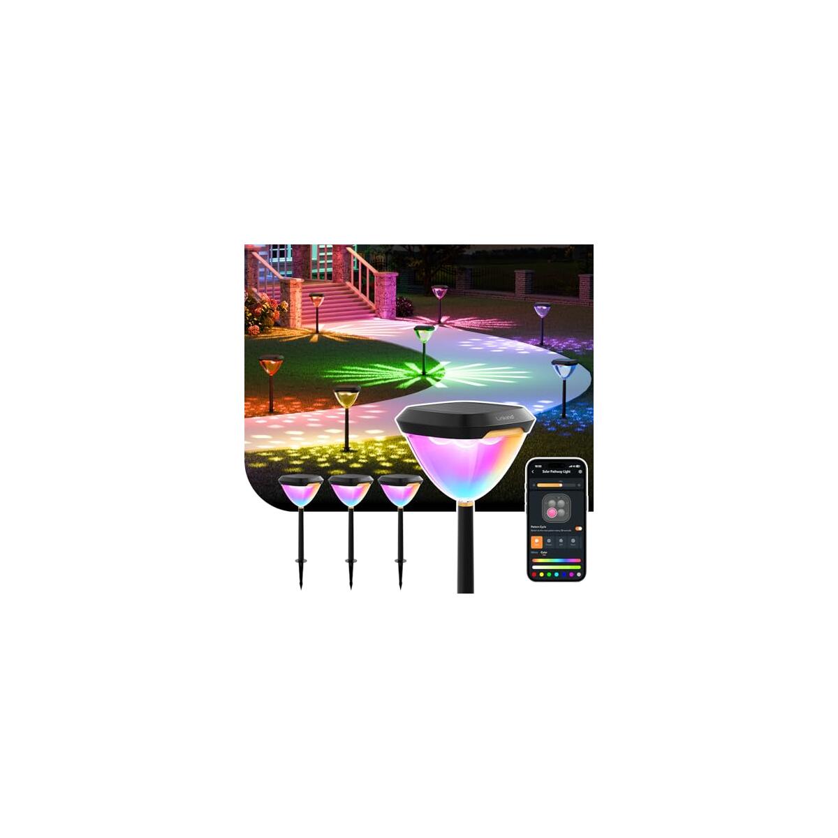 Linkind Smart Solar Pathway Lights SP6, in-App Pattern Switching Solar Lights Outdoor Waterproof, Solar & Wired Charging Color-Changing Landscape Lighting, Christmas Decor for Yard, Patio (4 Pack)