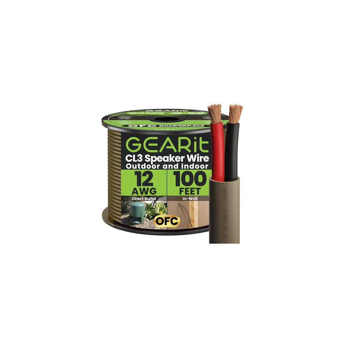 GEARit Outdoor Speaker Wire CL3 Rated, 12 Gauge Speaker Wire, Speaker Cable 100 ft for Outdoor Speakers, Patio, Garden, Backyard Audio, Direct Burial in Ground/in Wall, OFC (Brown, 2-Conductors)