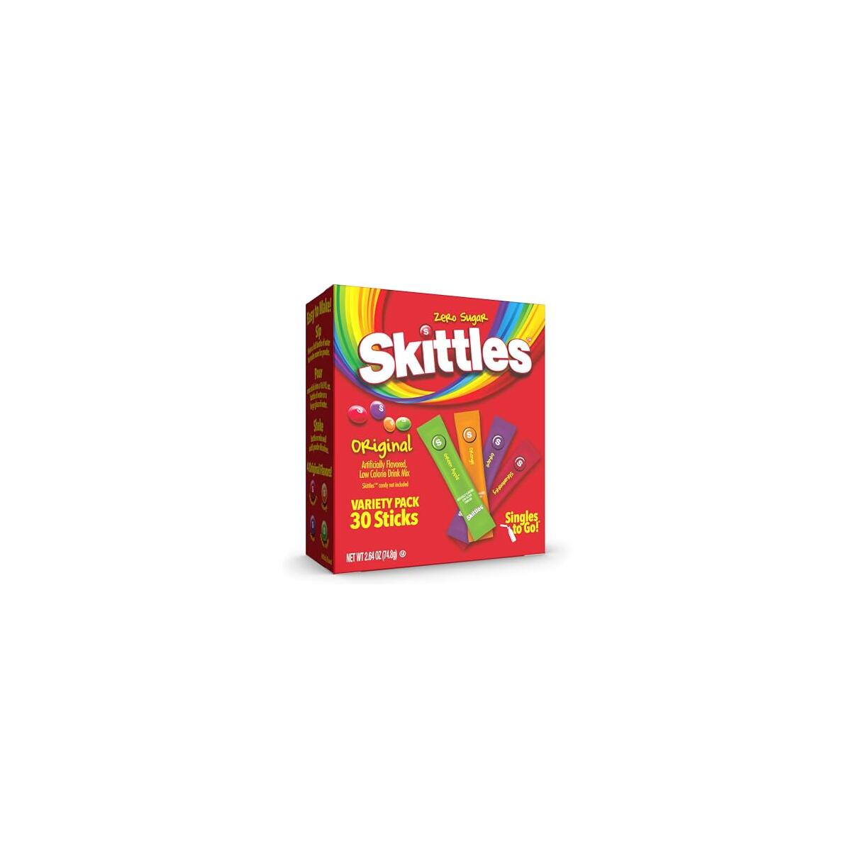 SINGLES TO GO! Skittles Variety Pack, Watertok Powdered Drink Mix, Zero Sugar, Low Calorie, Includes 4 Flavors: Green Apple, Strawberry, Grape, Orange, 1 Box (30 Single Servings)