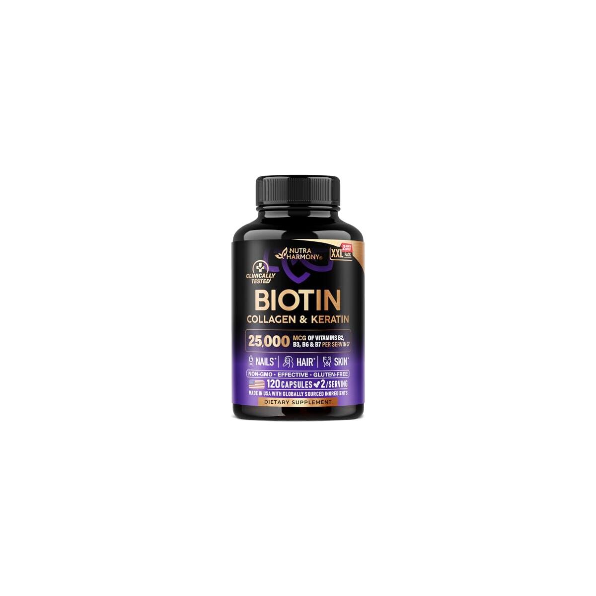 Biotin | Collagen | Hyaluronic Acid | Keratin - Clinically Tested Supplement - Hair Growth Support, Skin & Nails - 25000 mcg Vitamins B2, B3, B6 & B7 + B1 - Made in USA - Women & Men | 120 Capsules