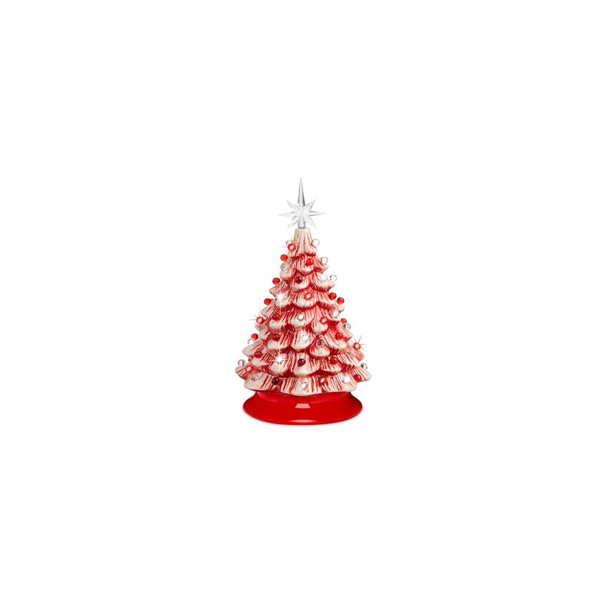 Best Choice Products 15in Ceramic Christmas Tree, Pre-lit Hand-Painted Tabletop Holiday Tree, 2 Star Toppers, 64 Lights - Peppermint w/Red and White Bulbs