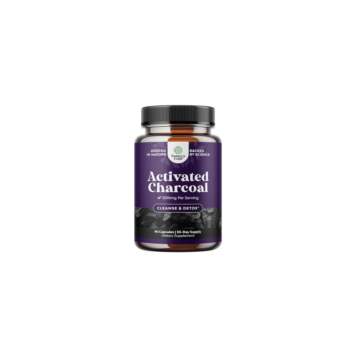 Natures Craft Activated Charcoal Pills Detox & Cleanse - Purifying Coconut Capsules with 1200 mg Per Serving for Bloating Relief - Active Detox Supplement for Body & Gut Health - 90 Count