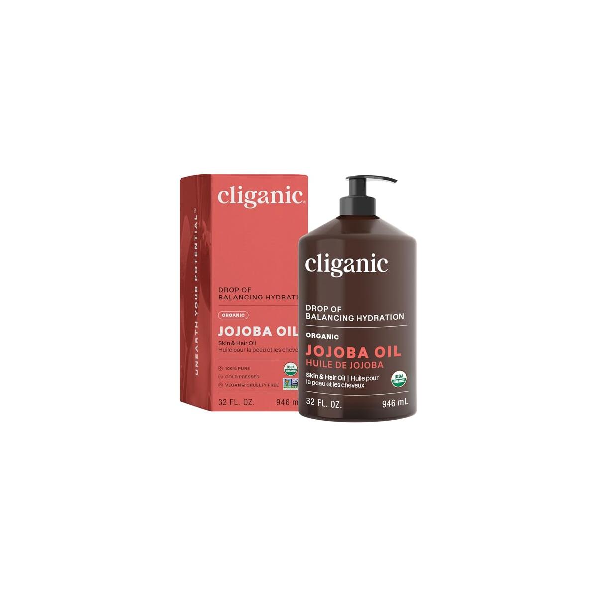 Cliganic Organic Jojoba Oil 32 oz, 100% Pure | Bulk, Natural Cold Pressed Unrefined Hexane Free Oil for Hair & Face