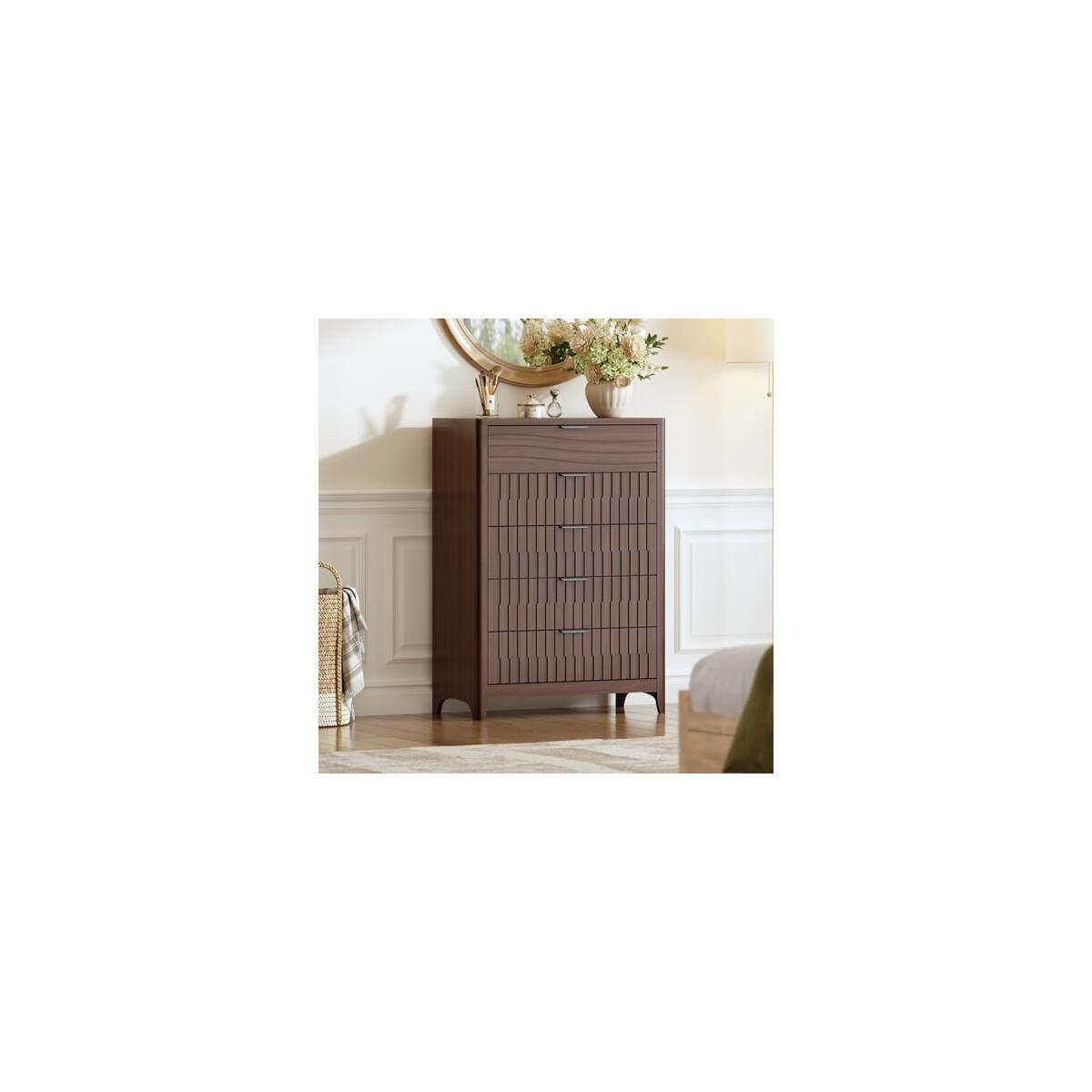 Fluted 5 Drawers Dresser for Bedroom, 44'' Tall Wooden Chest of Drawers with Metal Handles, Modern Dresser TV Stand, Wood Clothing Storage Organizer for Living Room, Entryway, Walnut