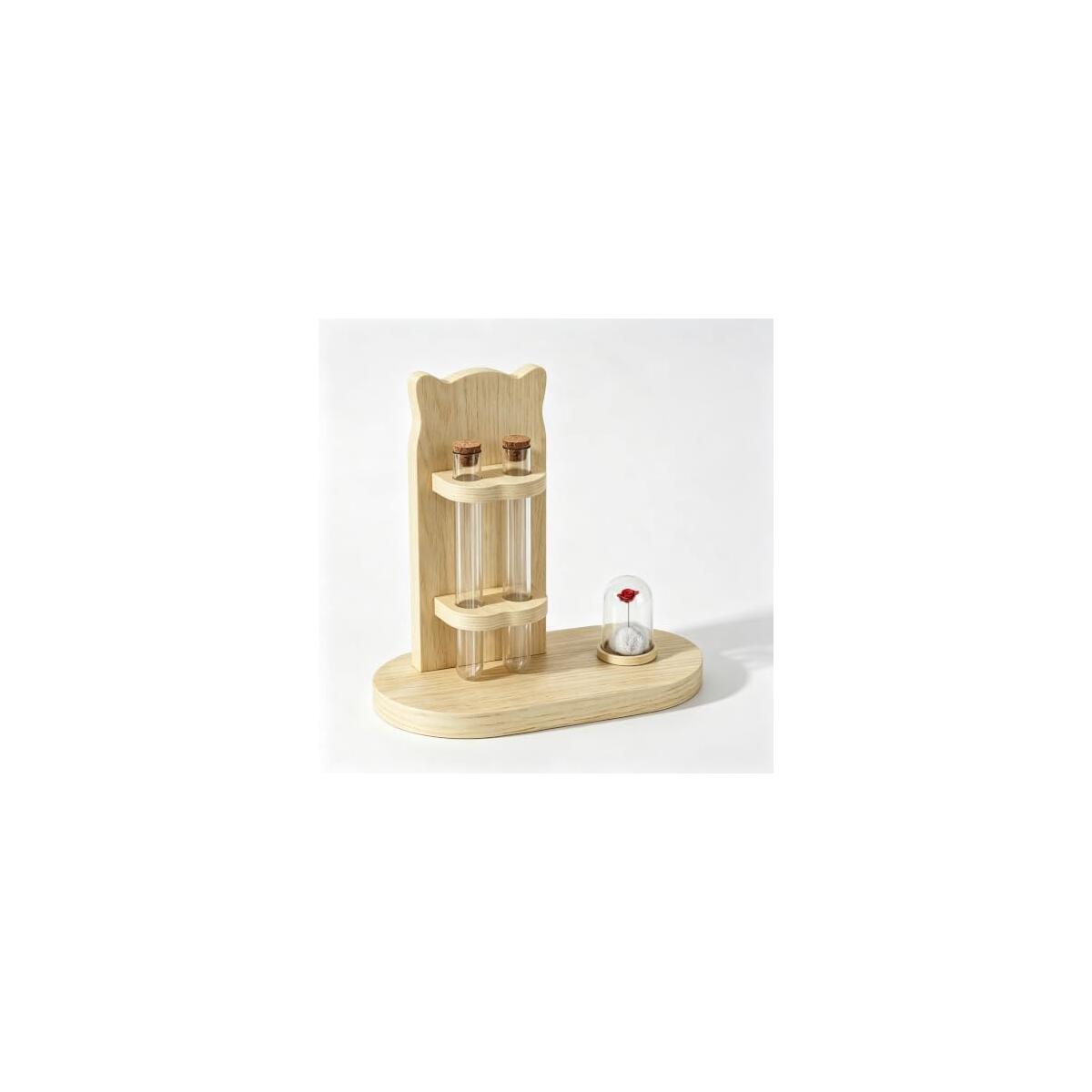 Cat Whisker Collector Wooden Stand with Dual Glass Tubes | Oak Wood Construction, Cork Stoppers Included, Lucky Cat Ornament, 20 x 10 x 20 cm, Pet Keepsake Storage