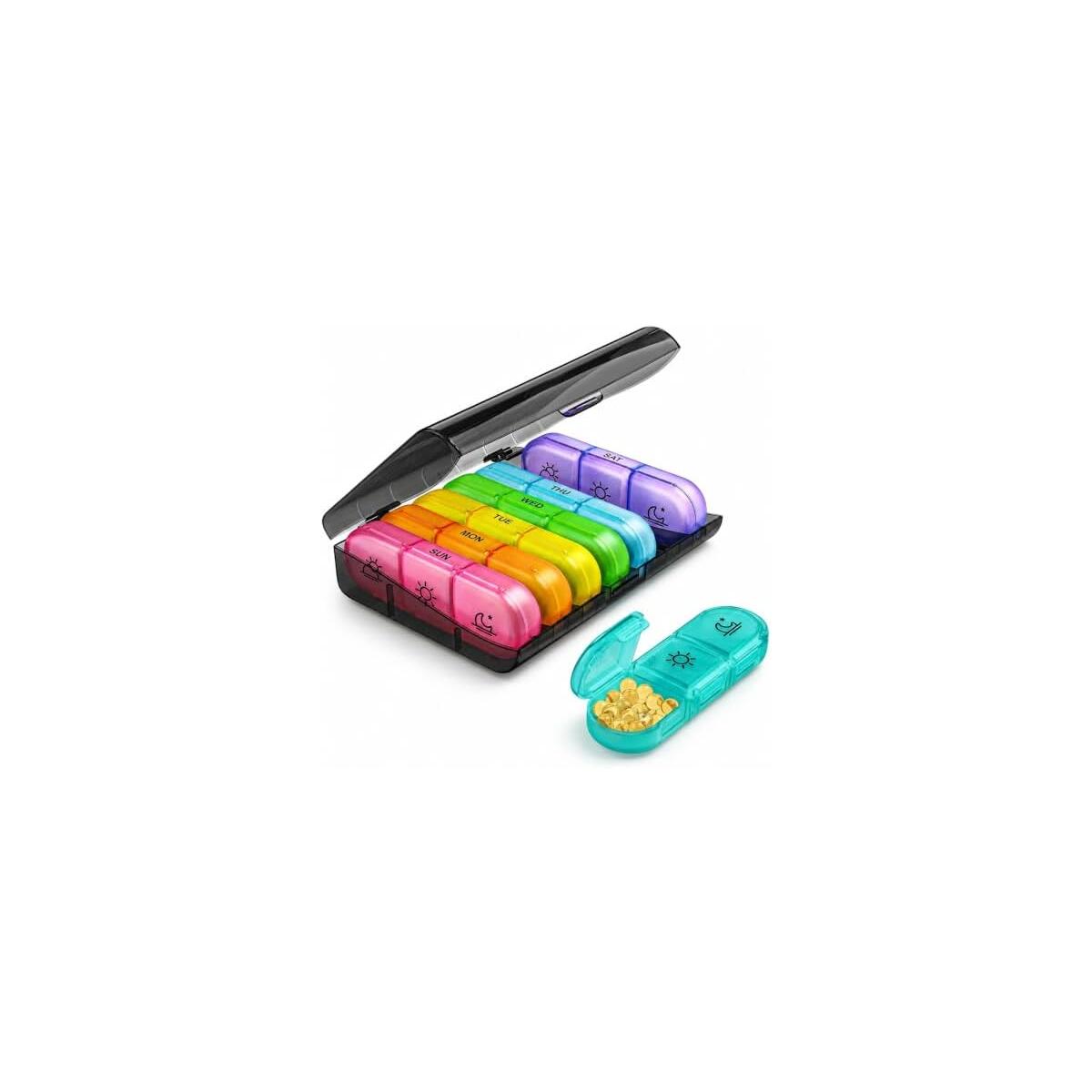 7 Day Pill Organizer 14 Compartments - Morning & Night Pill Box for Vitamins, Supplements, Medication & Fish Oil | BPA-Free PP Plastic, Portable, Easy to Open & Close Daily Pill Case Colorful