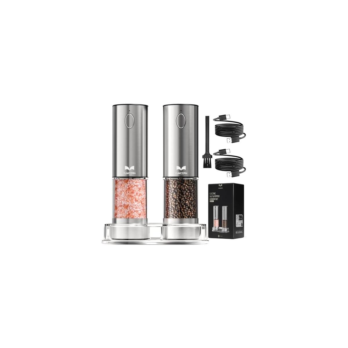 Electric Salt and Pepper Grinder Set Rechargeable, Yumcian Automatic Shakers Set with Adjustable Coarseness and LED Light, Stainless Steel Mill Set, Upgraded Larger Capacity
