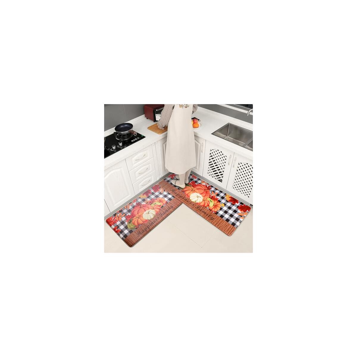 Extra Large Anti Fatigue Kitchen Rug Sets 20 x 32in + 20 x 47in Non Slip Floor Cushioned Mats Waterproof Comfort Standing Mat Runner for Kitchen Home Office (Pumpkin)