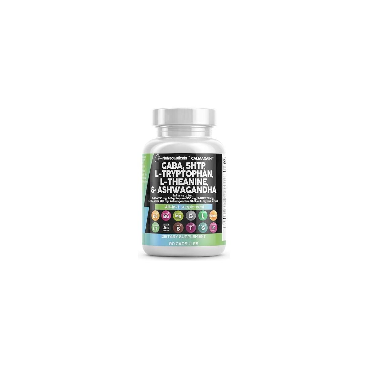 Clean Nutraceuticals GABA 750mg 5 HTP 200mg L Tryptophan 500mg L Theanine 200mg Ashwagandha SAM-e L-Glycine - Mood Support Vitamins for Women and Men with L-Tyrosine 5-HTP (5-Hydroxytryptophan)