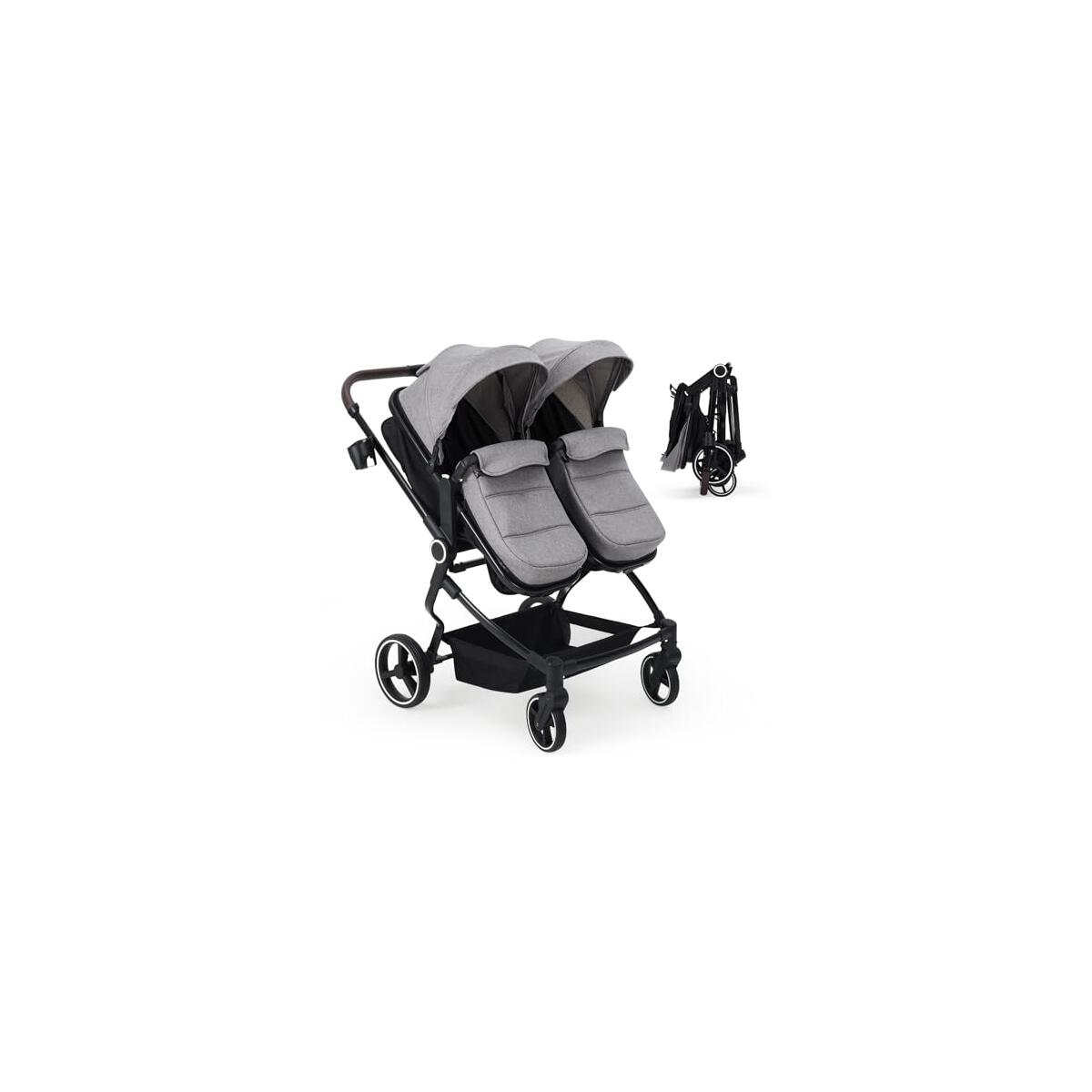 GarveeLife Side by Side Double Stroller for Twins, Lightweight Compact Foldable Baby Travel Stroller with High Landscape Seat, Adjustable Canopy & Recline for Infant and Toddler, Light Grey