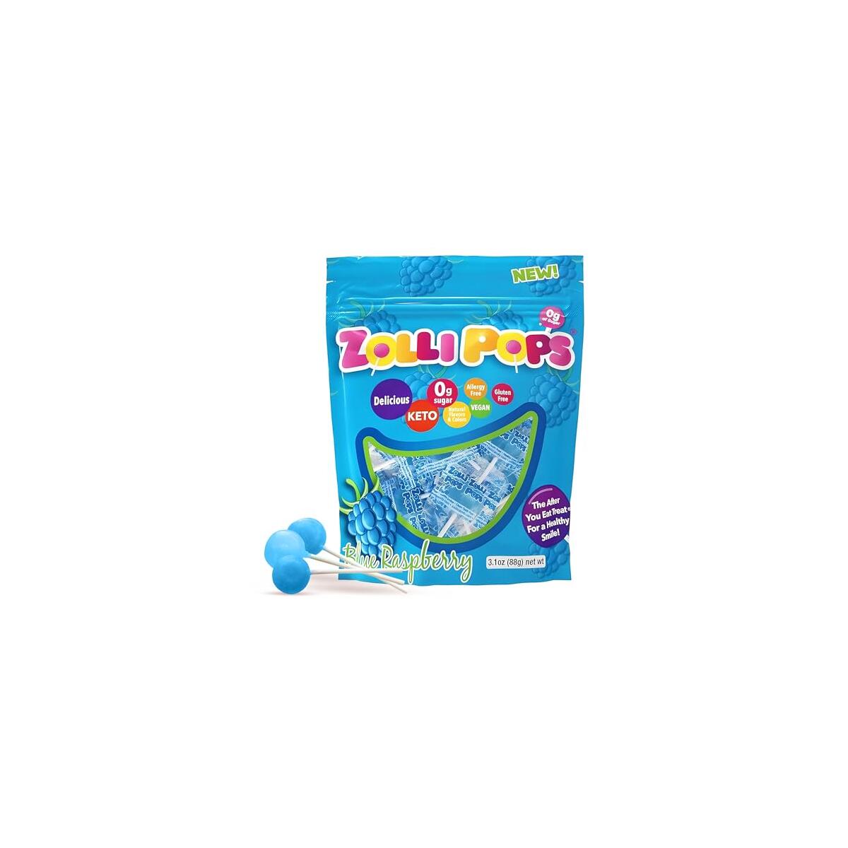 Zollipops Clean Teeth Pops Sugar Free Candy with Xylitol, Dye-Free Lollipops - Keto & Diabetic-Friendly, Dentist-Approved Treats for Kids (Blue Raspberry, 3.1 oz)