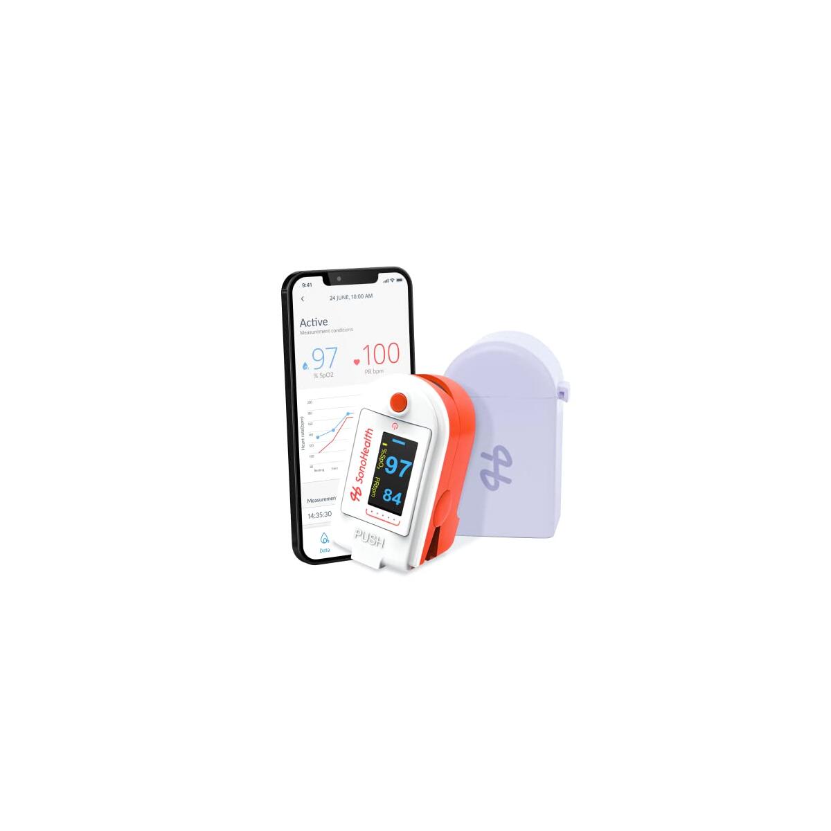 Pulse Oximeter by SonoHealth - Fingertip Blood Oxygen Saturation Monitor, Data Recording, Bluetooth-Enabled - Lifetime Mobile App Access (Pulse Oxi V 1.0)