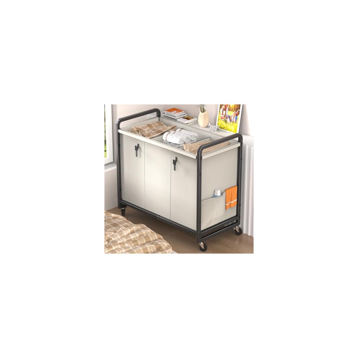 60 Gal (230L) Laundry Sorter 3 Section with Lid, Laundry Hamper Cart with Heavy Duty Rolling Lockable Wheels and Metal Handle,Laundry Basket Organizer with Removable Bag for Laundry Room - White