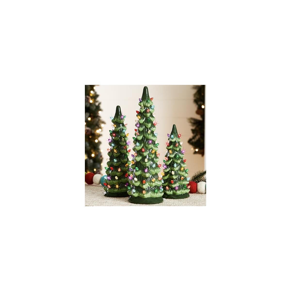Best Choice Products Set of 3 Ceramic Christmas Trees, Pre-Lit Hand-Painted Tabletop Holiday Decoration w/Multicolor Bulbs, LED Lights – Green