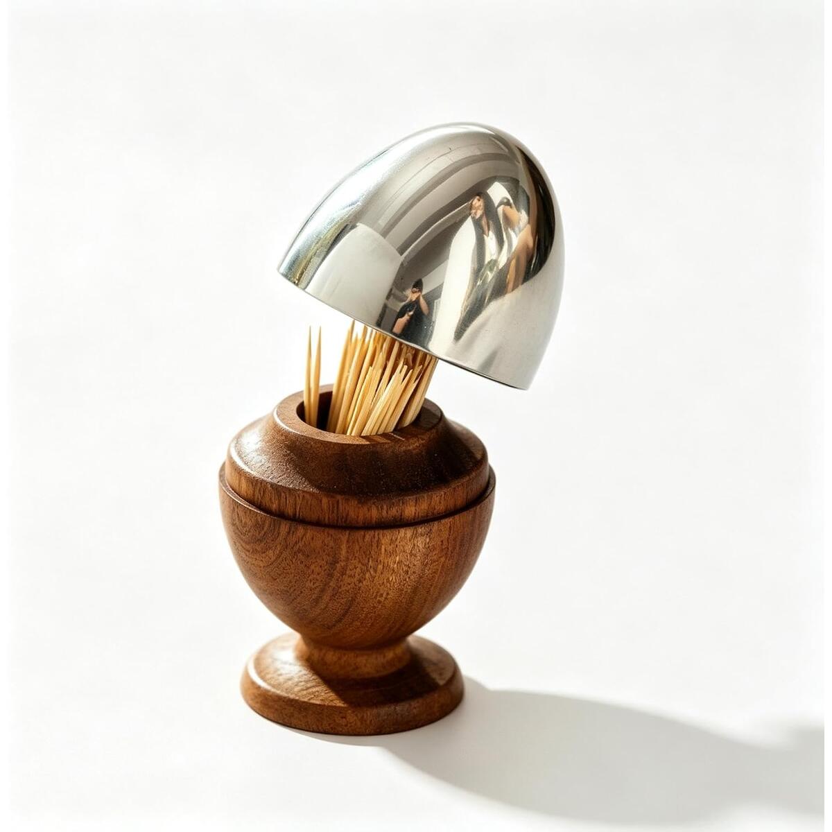 Egg-Shaped Toothpick Holder Wood and Stainless Steel