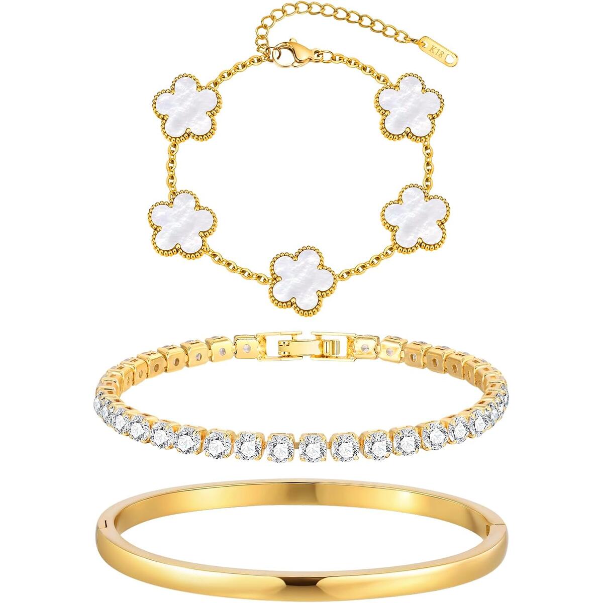 KSF Stackable Floral Gold Bracelets - 3Pcs Lucky 18K Gold Plated Bracelet