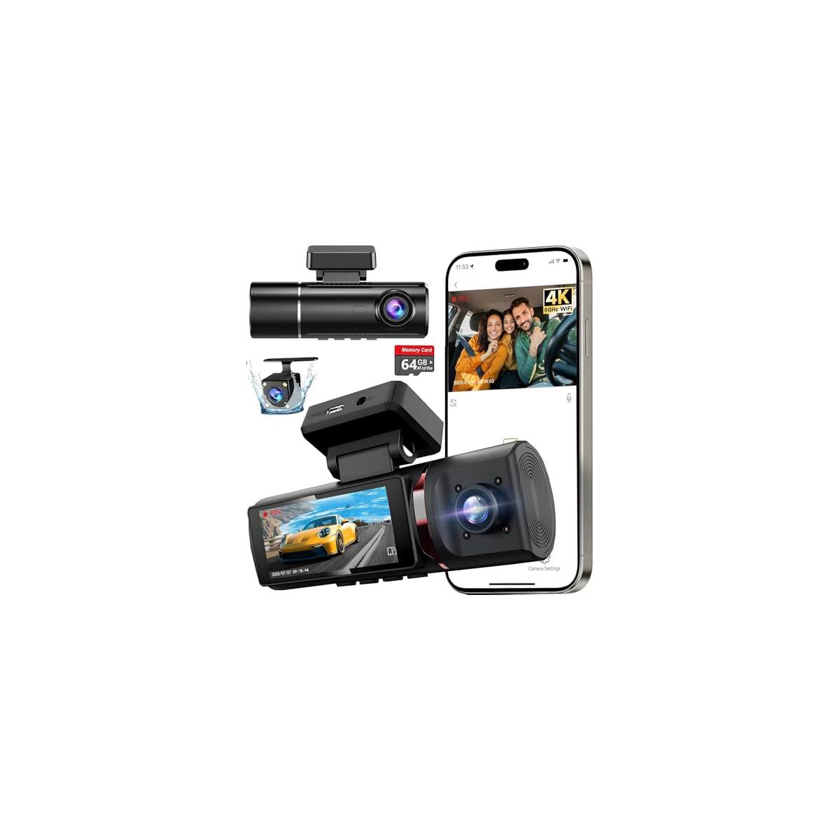 3 Channel 4K Dash Cam Front, 1080P Dash Camera Rear and Inside for Cars with 3.16 IPS Screen, 64GB Card, G-Sensor, 24Hr Parking, App Control,Loop Recording, Night Vision,Support 256GB Max