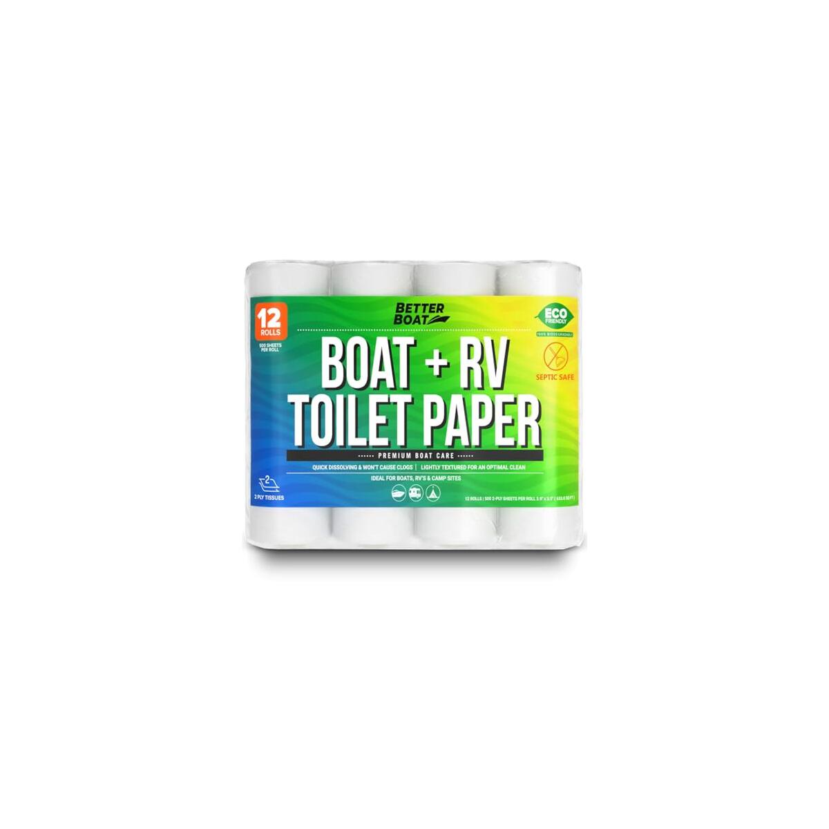 Boat and RV Toilet Paper, Septic Safe Quick Dissolving Tissue, 12 Single Rolls, Biodegradable 2-Ply for Marine, Travel, and Camper Systems, Camping Tank-Safe Bulk Pack