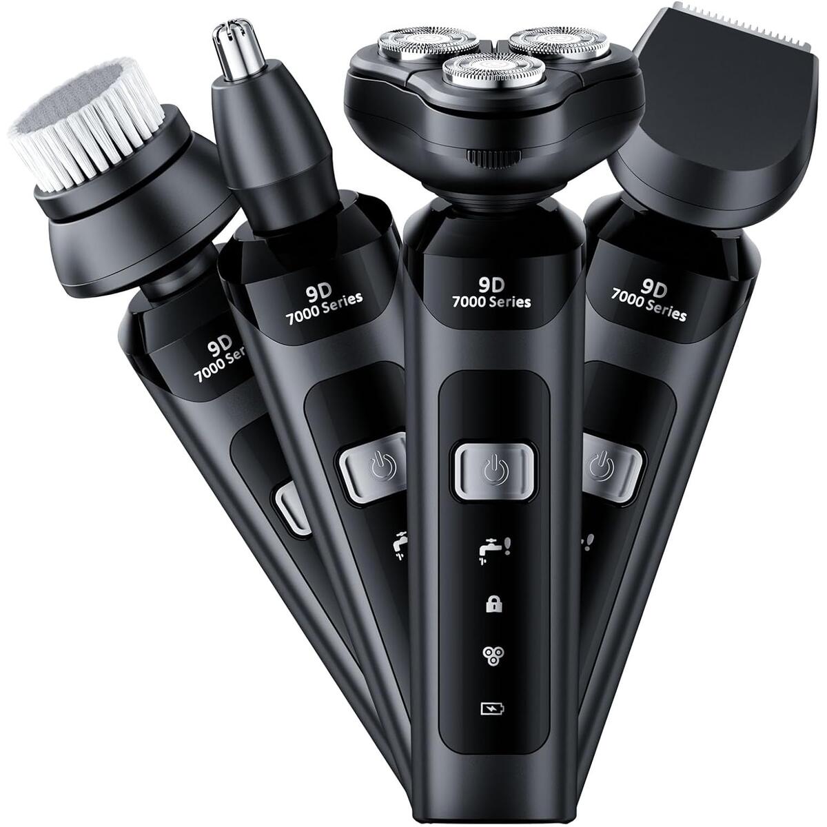 4-in-1 Electric Shaver for Men, USB Rechargeable Rotary Shaver with Beard Trimmer, Facial Cleaning Brush, Nose Hair Trimmer, and Sideburns Cutter