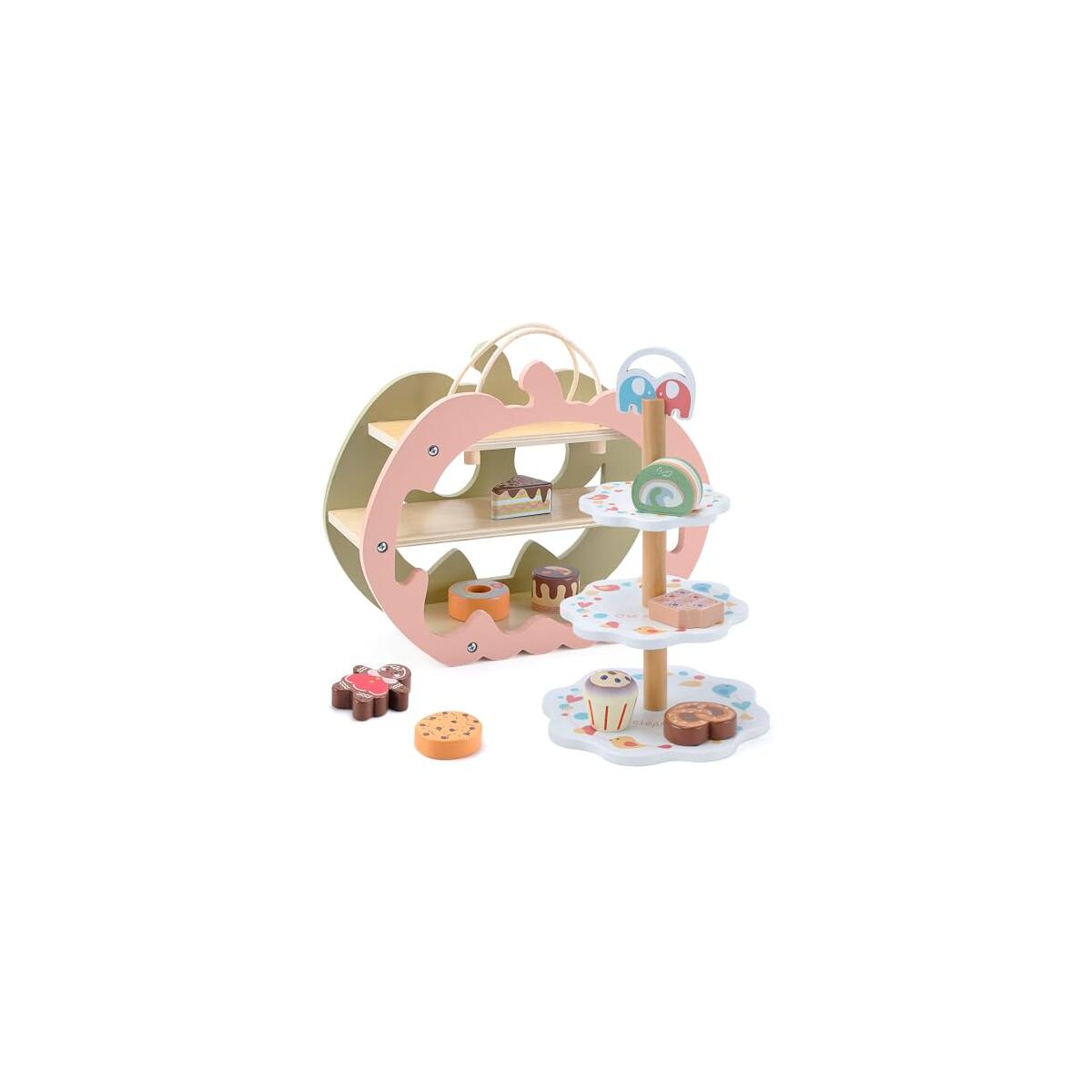 CUTE STONE Wooden Toy Tea Party Set, Kids Dessert Playset with Double-Sided Holiday Stand, Halloween Pumpkin & Ghost Theme, Cupcake Stand, Pretend Play Baking Food for Toddler 3-6 Years Old Girls Boys