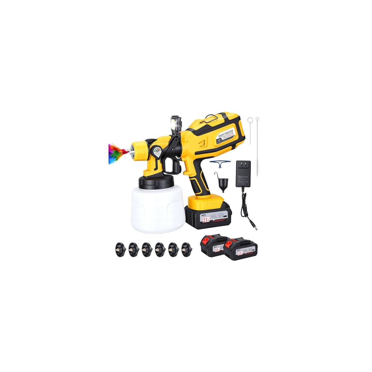 Cordless Paint Sprayer with 2 X 4.0Ah 21V Batteries: Electric Paint Gun with High-Power Copper Motor - 6 Brass Nozzles & 3 Spray Modes - 1400ml Container for Furniture Cabinets House Painting