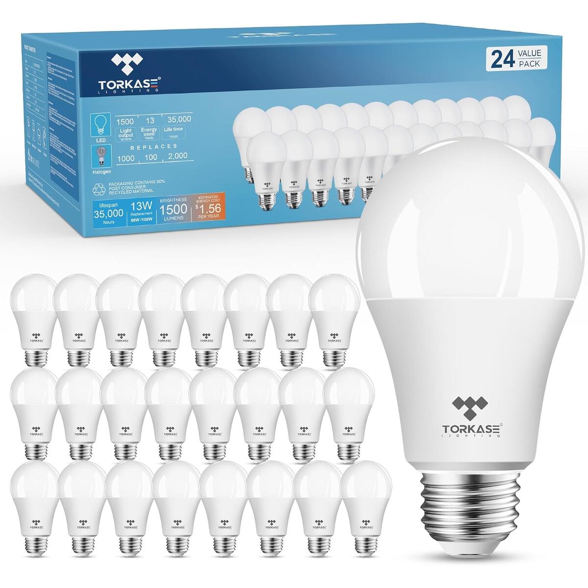 Torkase Light Bulbs, 13-Watt (100 Watt Equivalent), Standard A19 LED Bulbs, Non-Dimmable, E26 2700K Soft White,Energy Efficient Frosted LED Light Bulbs,Flicker Free,UL Listed-24-Pack