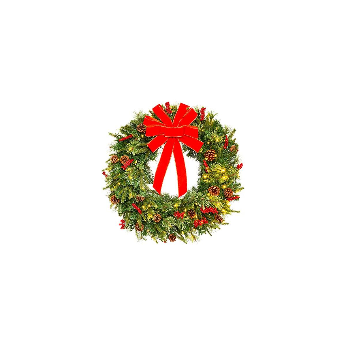Best Choice Products 30in Pre-Lit Battery Powered Christmas Wreath Artificial Pre-Decorated Holiday Accent w/ 100 Lights, 276 PVC Tips, Ribbons, Pine Cones