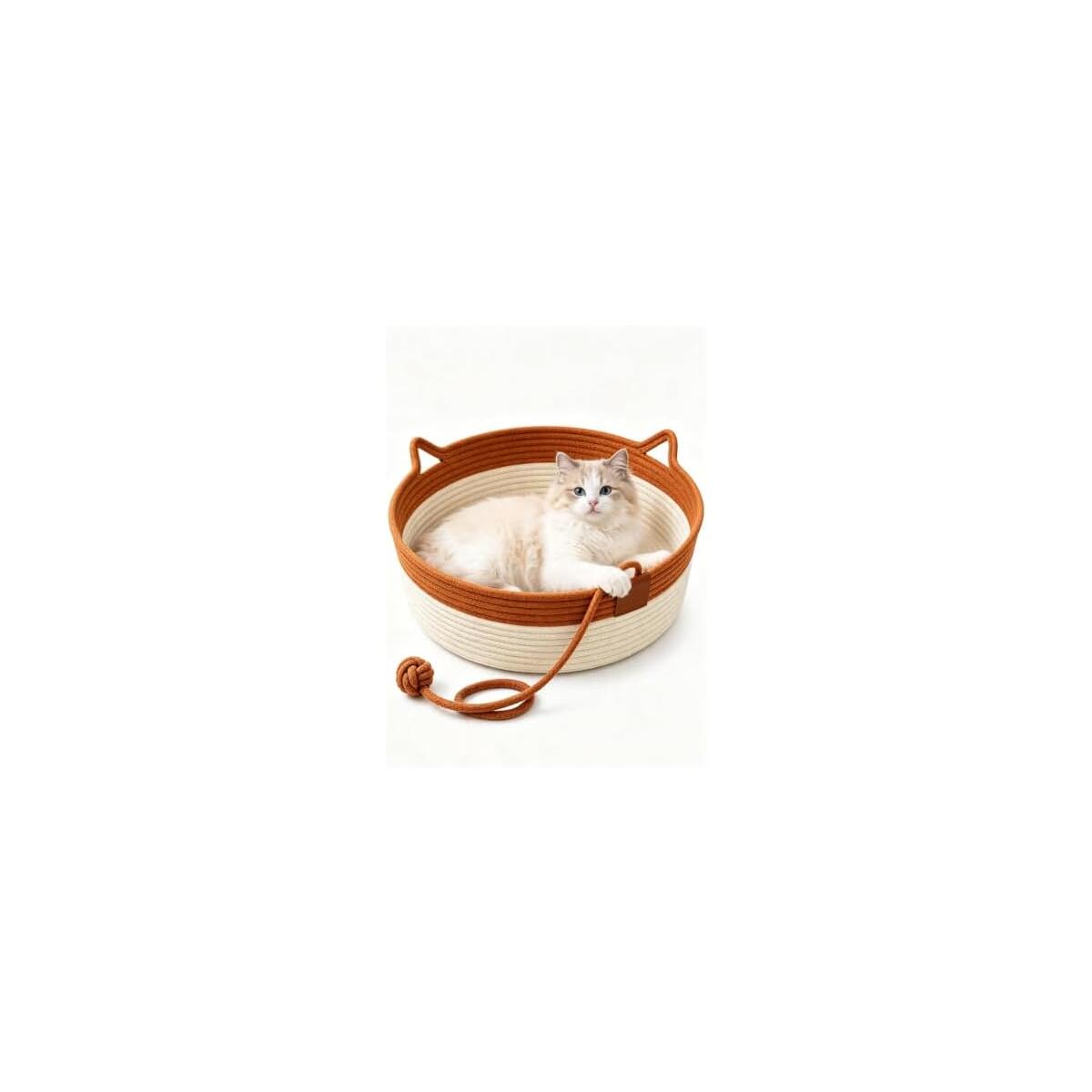 Handwoven Cotton Rope Cat Basket Bed with Hanging Ball, Brown M