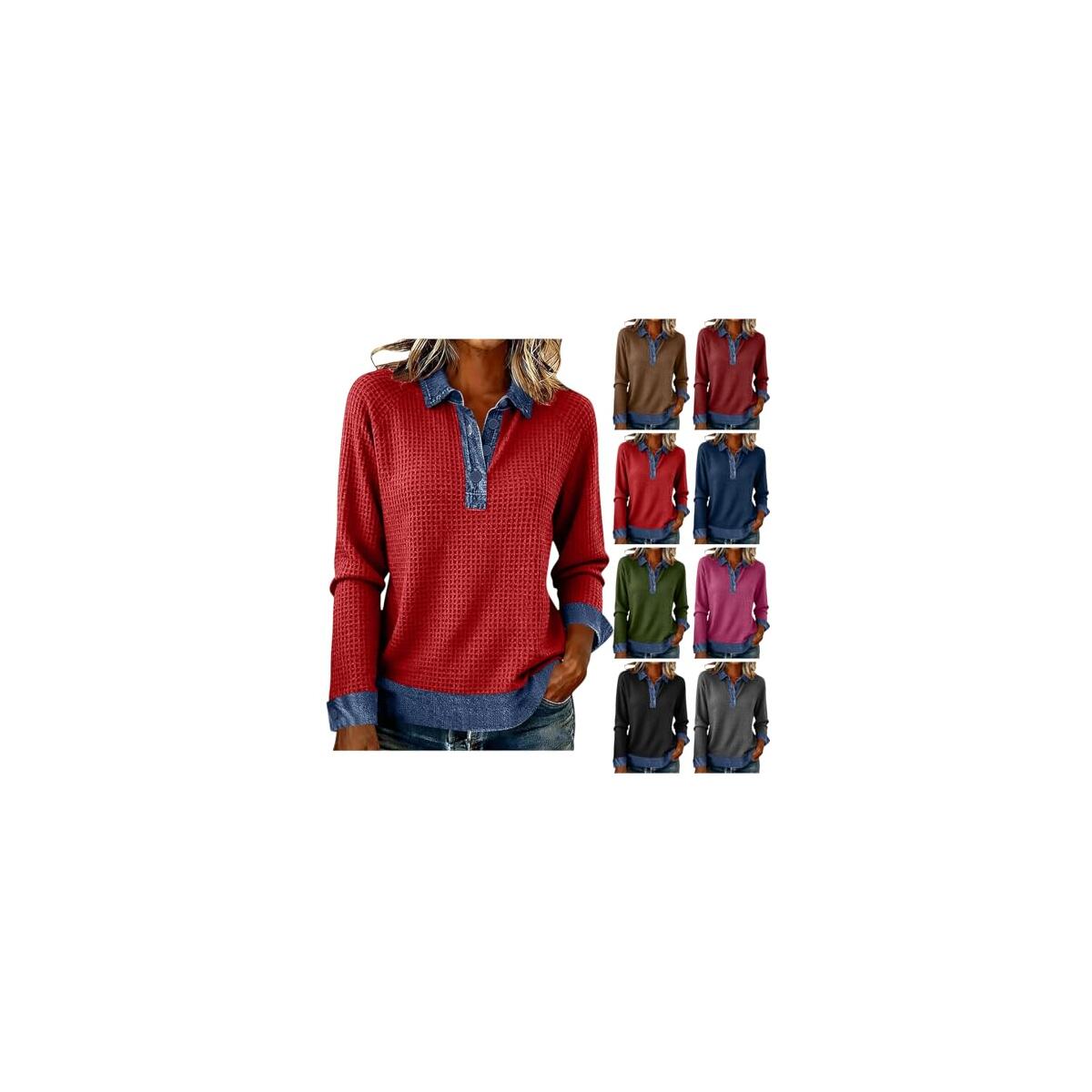 Sweatshirt for Women Long Sleeve Button Collared Denim Shirt Casual Patchwork Knit Pullover Trendy Spring Tops