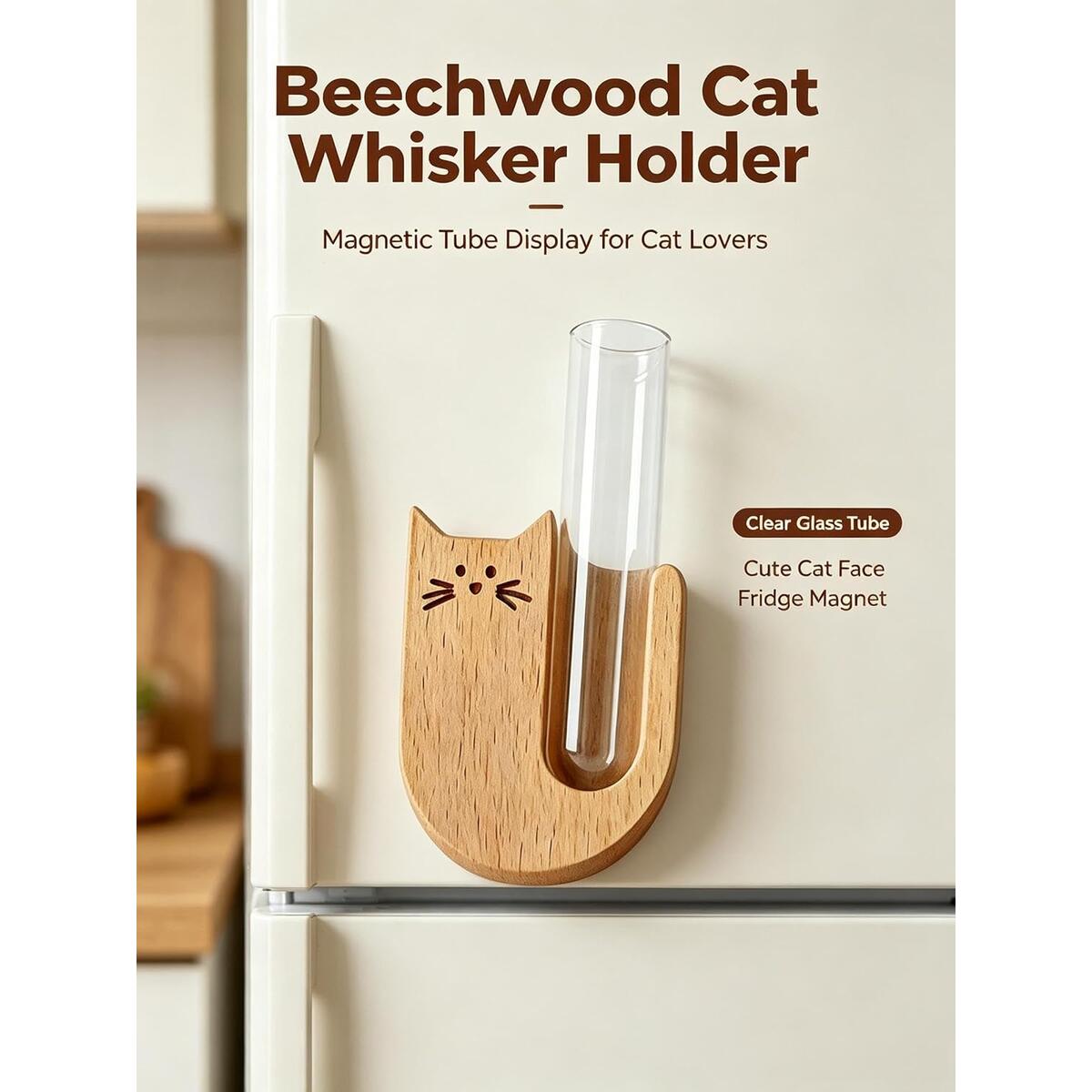 Wooden Cat Whisker Holder Fridge Magnet with Glass Vial