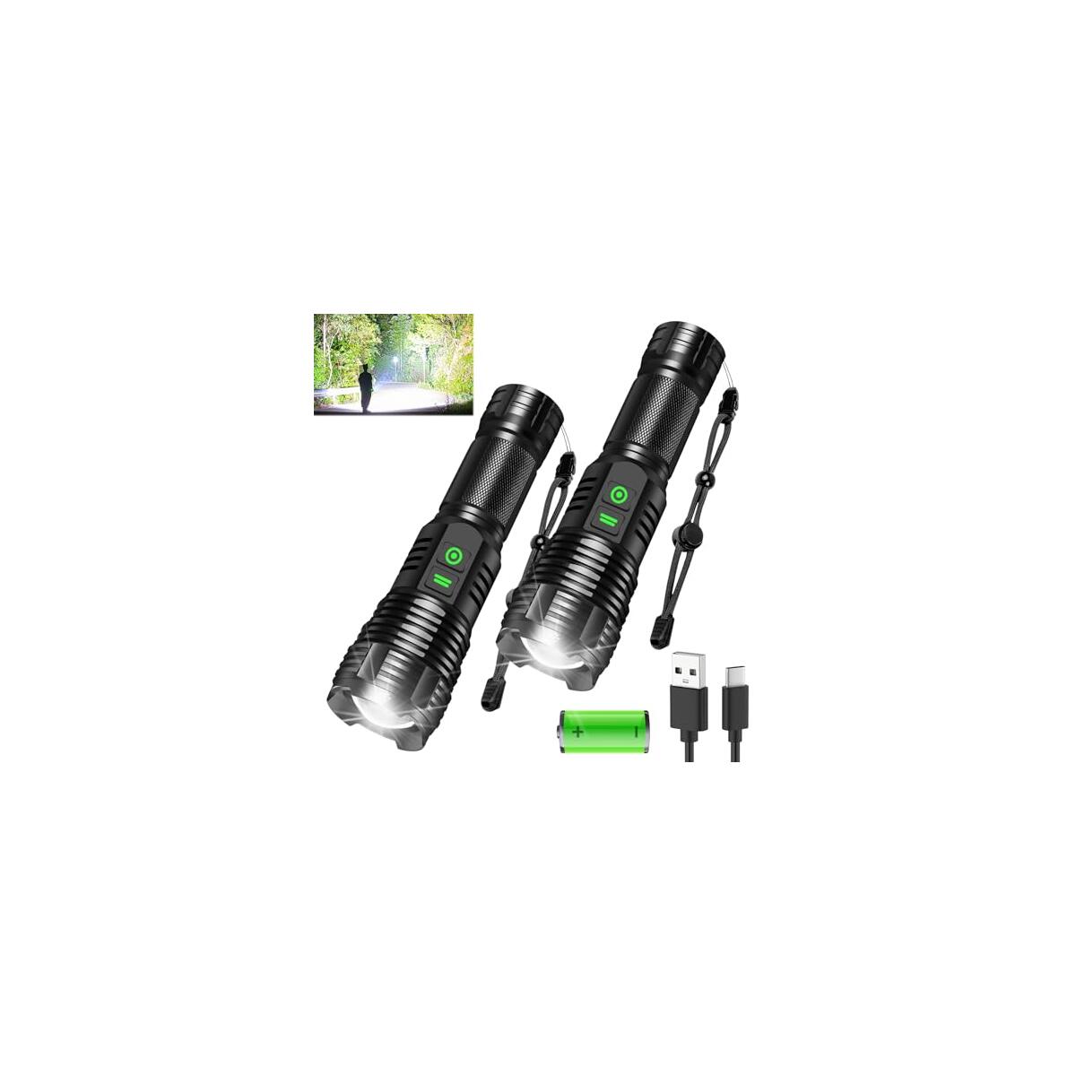 2Pack Rechargeable Flashlights, 100000 High Lumens Super Bright Led Tactical Flashlight with 5 Modes, High Power Waterproof Dual Button/Dual interfaceFlashlight for Emergency, Outdoor, Camping