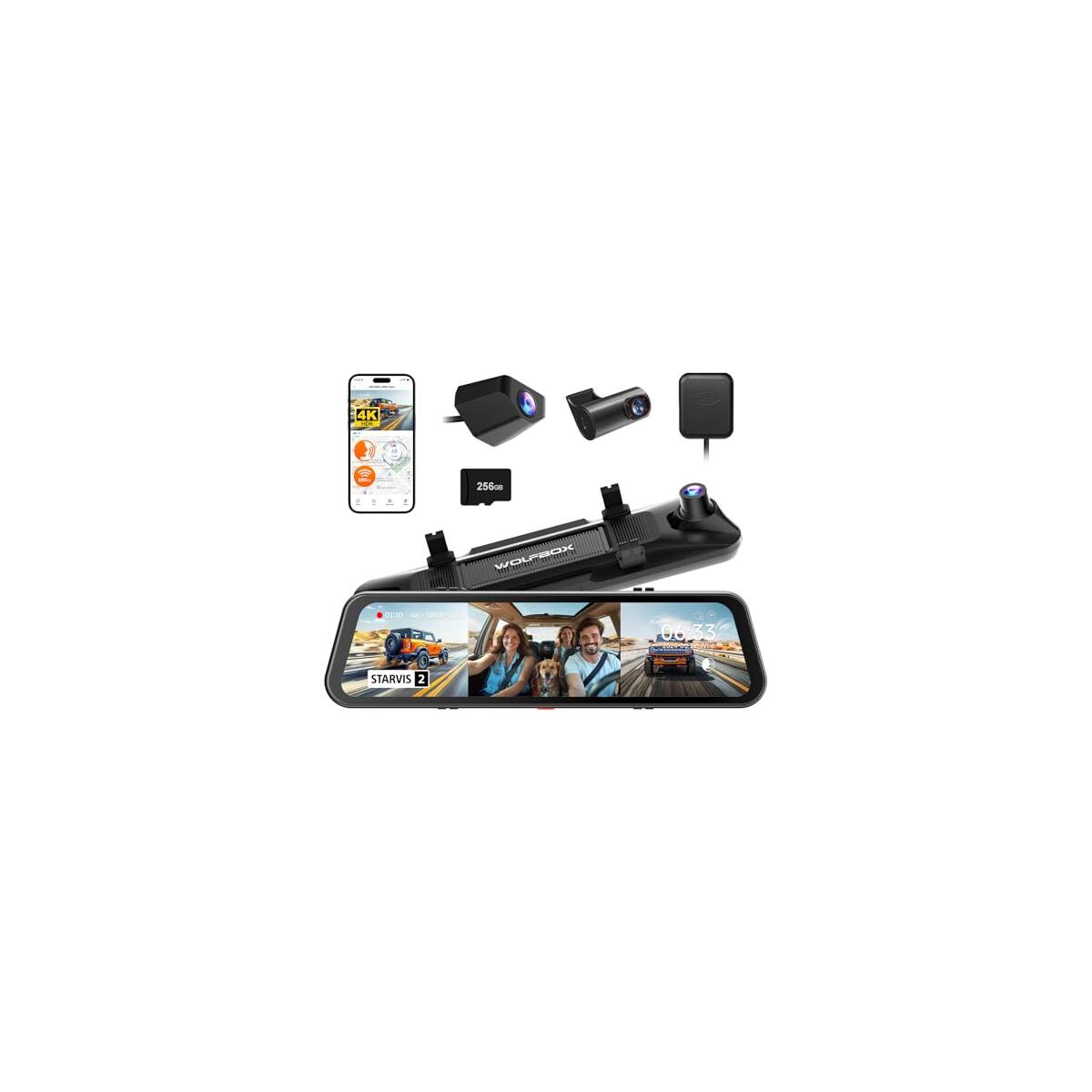 WOLFBOX G900 Tripro Cabin Version 3 Channel 4K Rear View Mirror Camera,8MP STARVIS IMX678 Night Vision,4K+1080P+2.5K Front Inside and Rear Mirror Dash Cam,5.8GHz WiFi,Voice Control,Includes 256GB Card