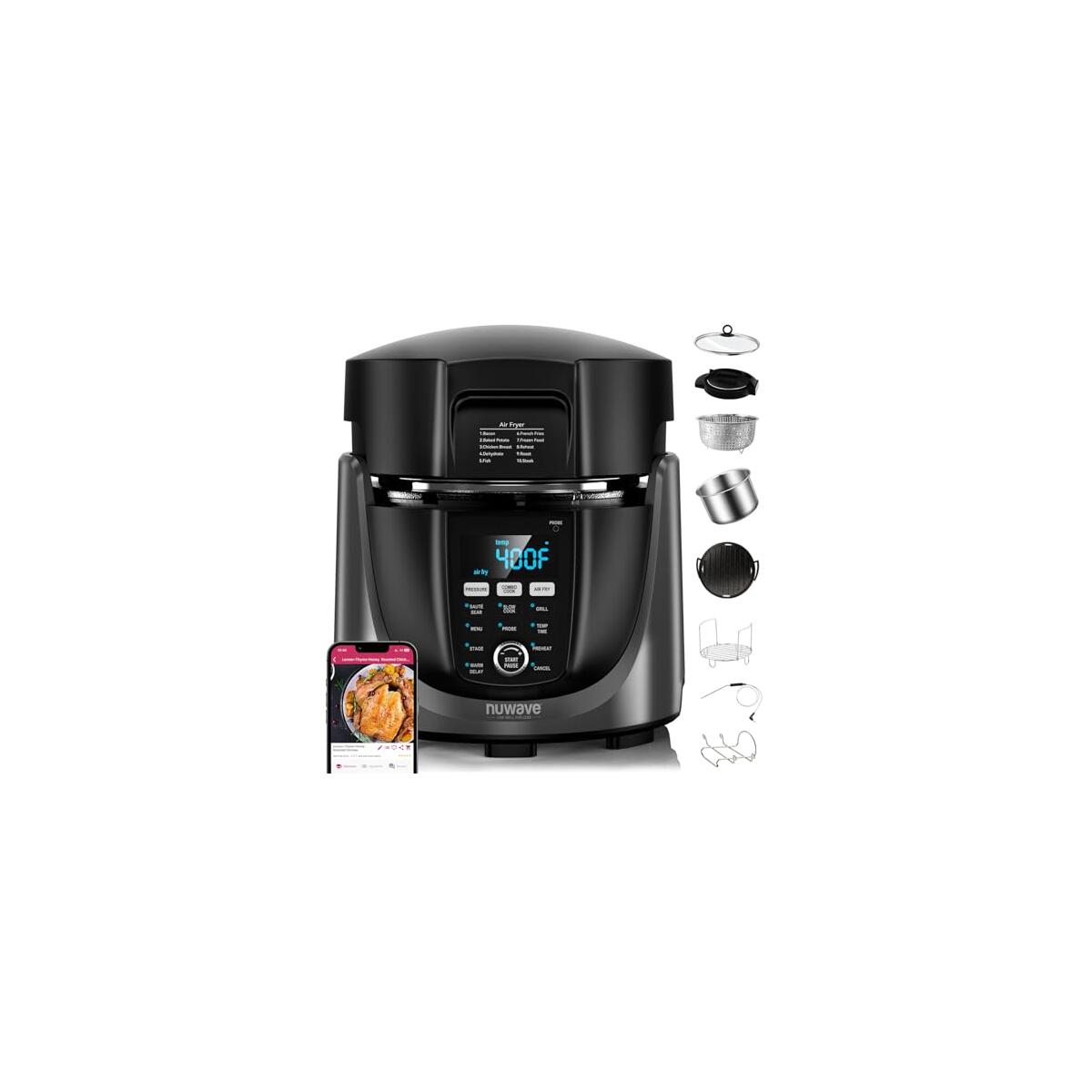 Nuwave Duet Electric Pressure Cooker & Air Fryer Combo, 450 IN 1 Slow Cooker & Grill with Integrated Digital Temp Probe, 6qt SS Pot, Adjustable High/Low Pressure, Built-in Sure-Lock Safety Tech