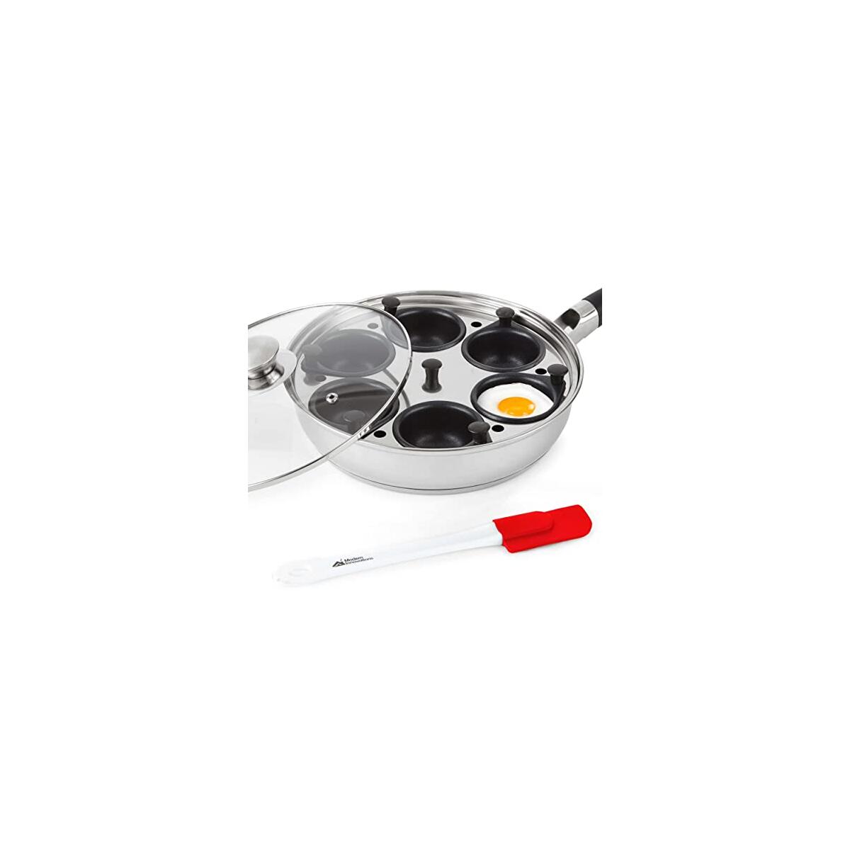 Modern Innovations Egg Poacher Pan - Nonstick Stainless Steel Maker With Handle, 6 Cups, and Silicone Spatula