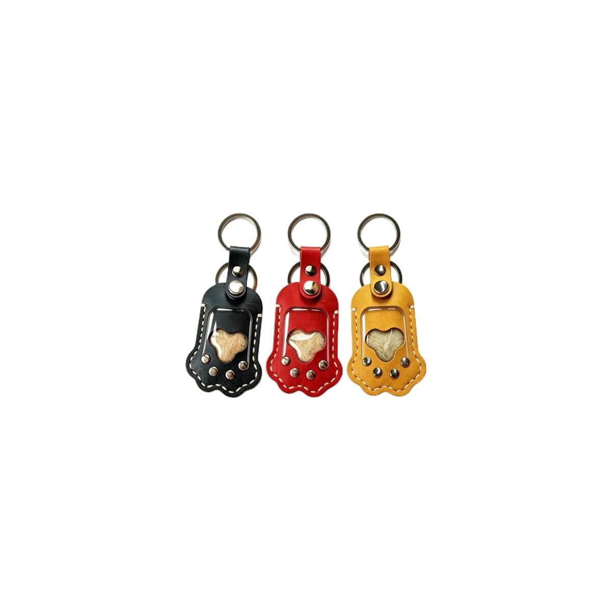 Pet Fur Keepsake Leather Paw Keychain, Set of 3 | Clear Window Display, Secure Rivet Construction, Dog & Cat Compatible, 3 Colors Included, Bag & Key Attachment