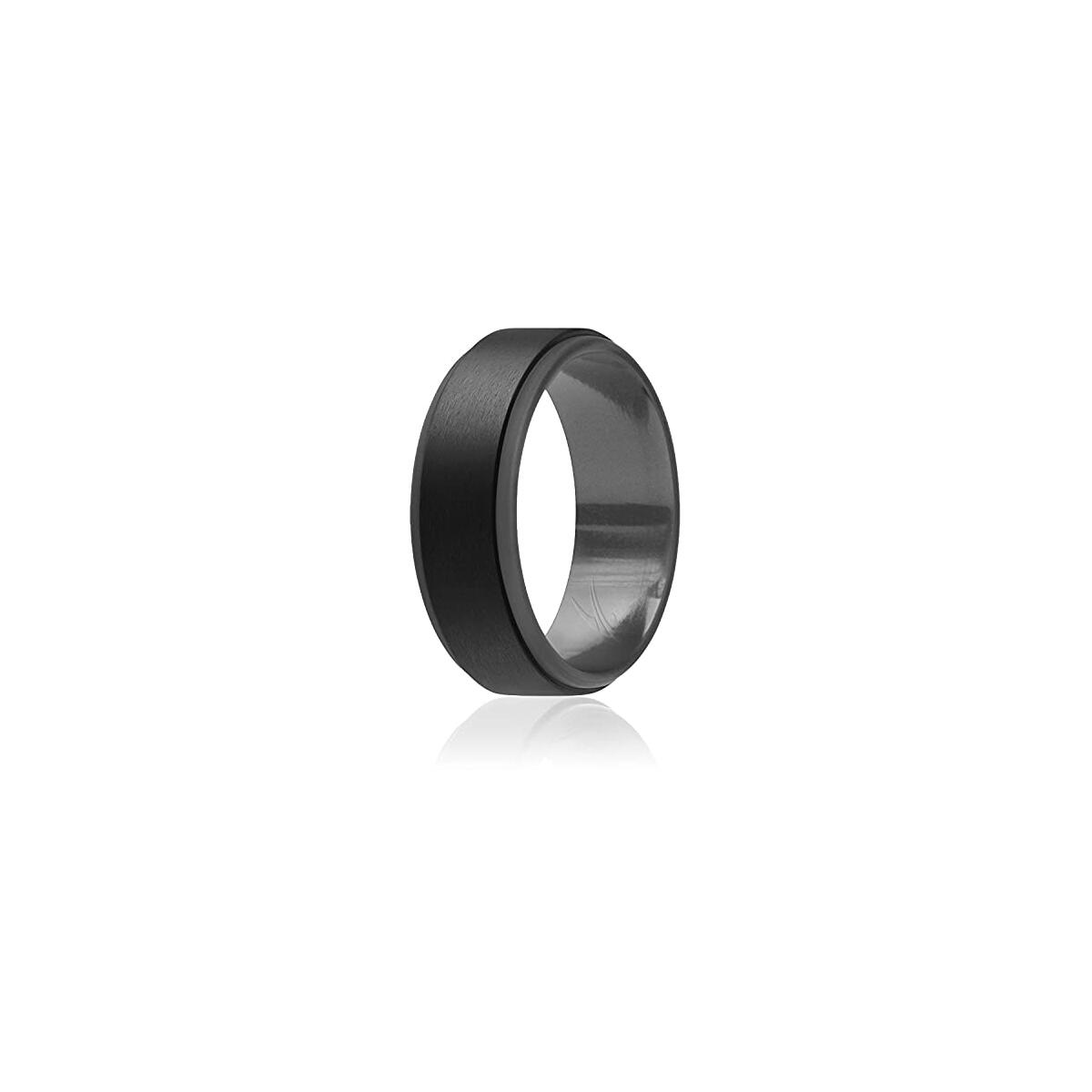 ROQ Silicone Rubber Wedding Ring for Men, Comfort Fit, Men's Wedding Band, Breathable Rubber Engagement Band, 8mm Wide 2mm Thick, Step Edge Duo, Single, Grey & Black, Size 7