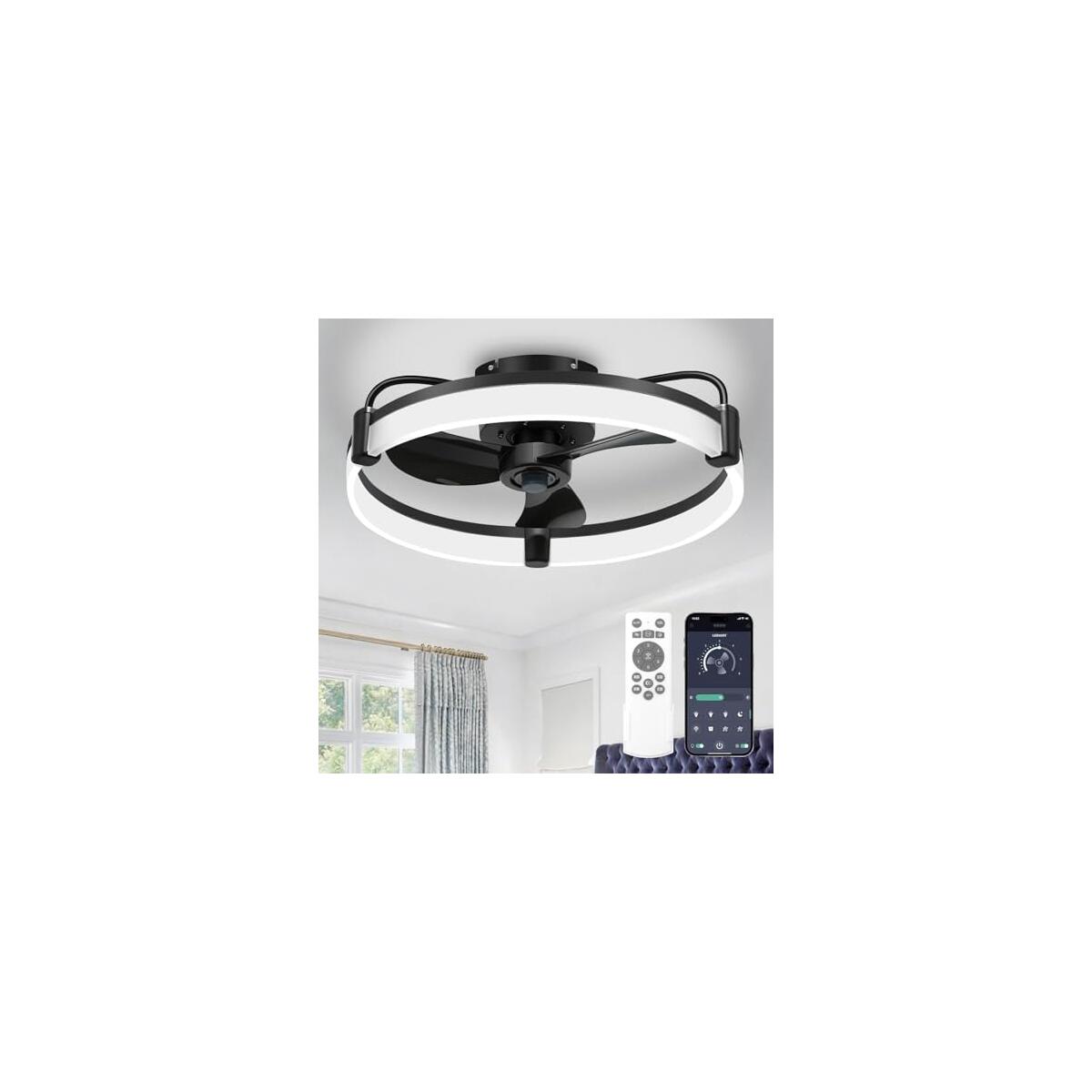 Ceiling Fans with Lights for Bedroom Kitchen Room Ceilings, LED Dimmable Bladeless Flush Mount Low Profile Ceiling Fan Light with Remote, 6 Wind Speeds, Timer Setting, 3000-6000K - Black 20''