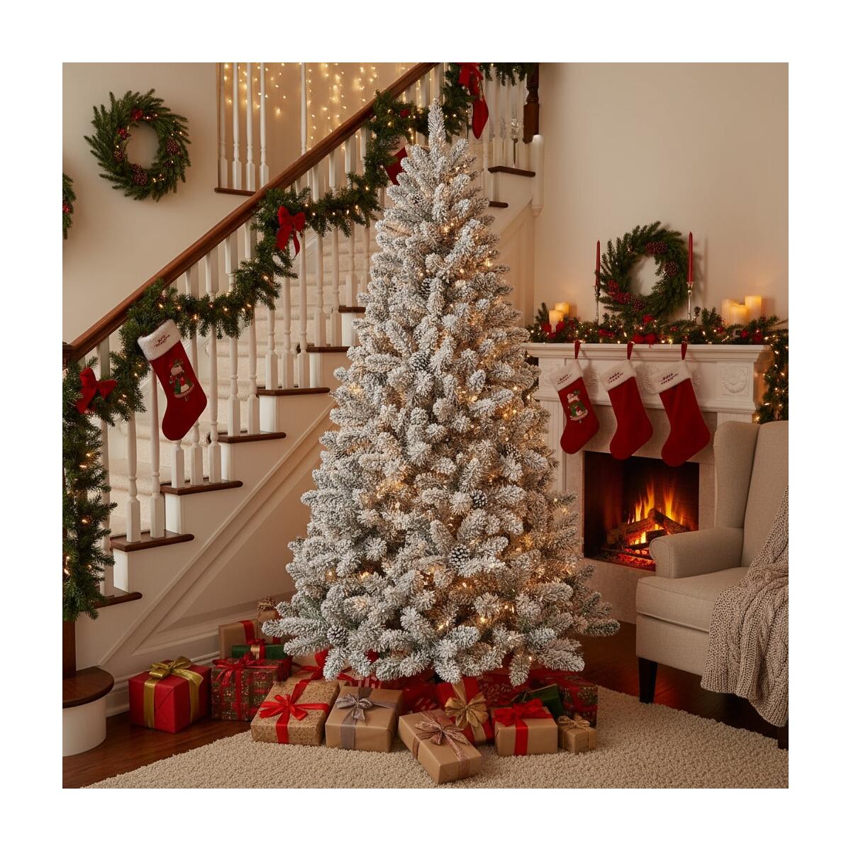 4FT Snowy Christmas Tree With Pine Cones 21 Real Pinecones & 366 Tips, Full Shape With Sturdy Metal Stand Premium PVC Holiday Decor