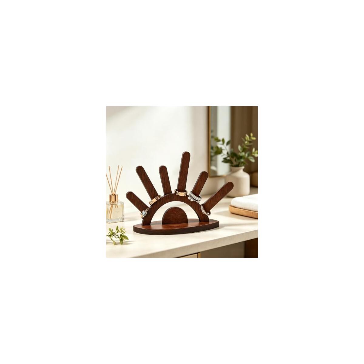 Natural Wood Evil Eye Ring Holder with 6 Hanging Pegs | 14.5x10.4x8.1cm Size, Anti-Slip Base, Fits Most Ring Sizes, Easy Assembly, Desktop Organizer