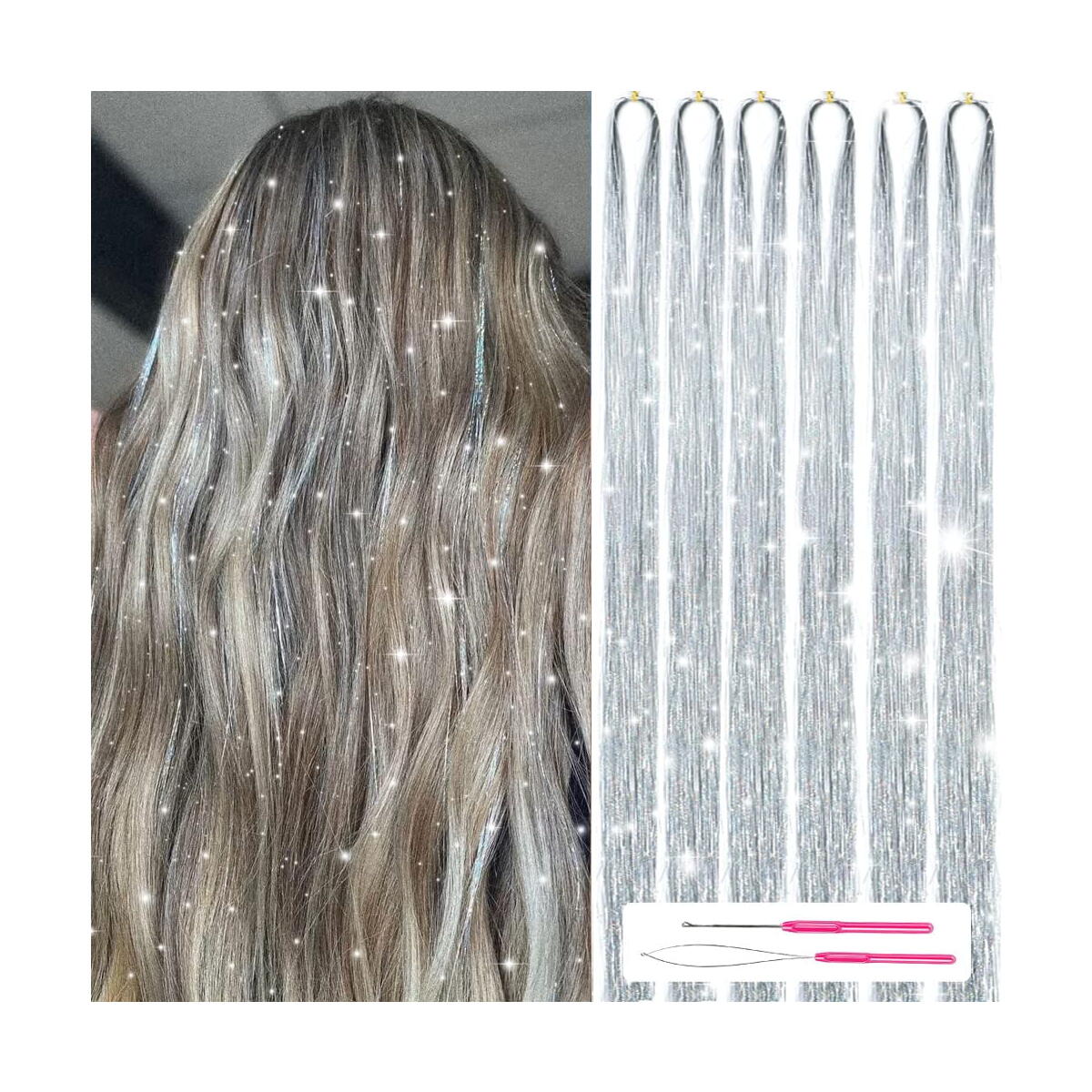 Herbiar Hair Tinsel Kit Silver Colors 47inch 1200 Strands Extensions Women Girls Heat Resistant