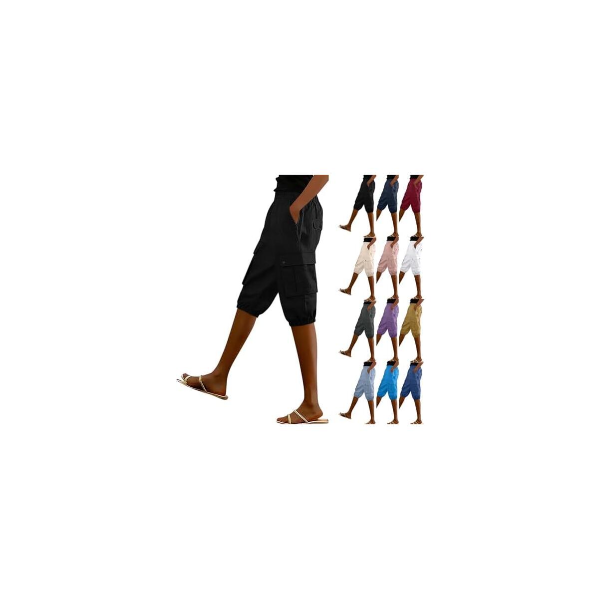 Linen Capri Pants for Women Loose Fit Elastic Waist Cargo Capri Pant Casual Summer Knee Length Pant with Zipper Pockets