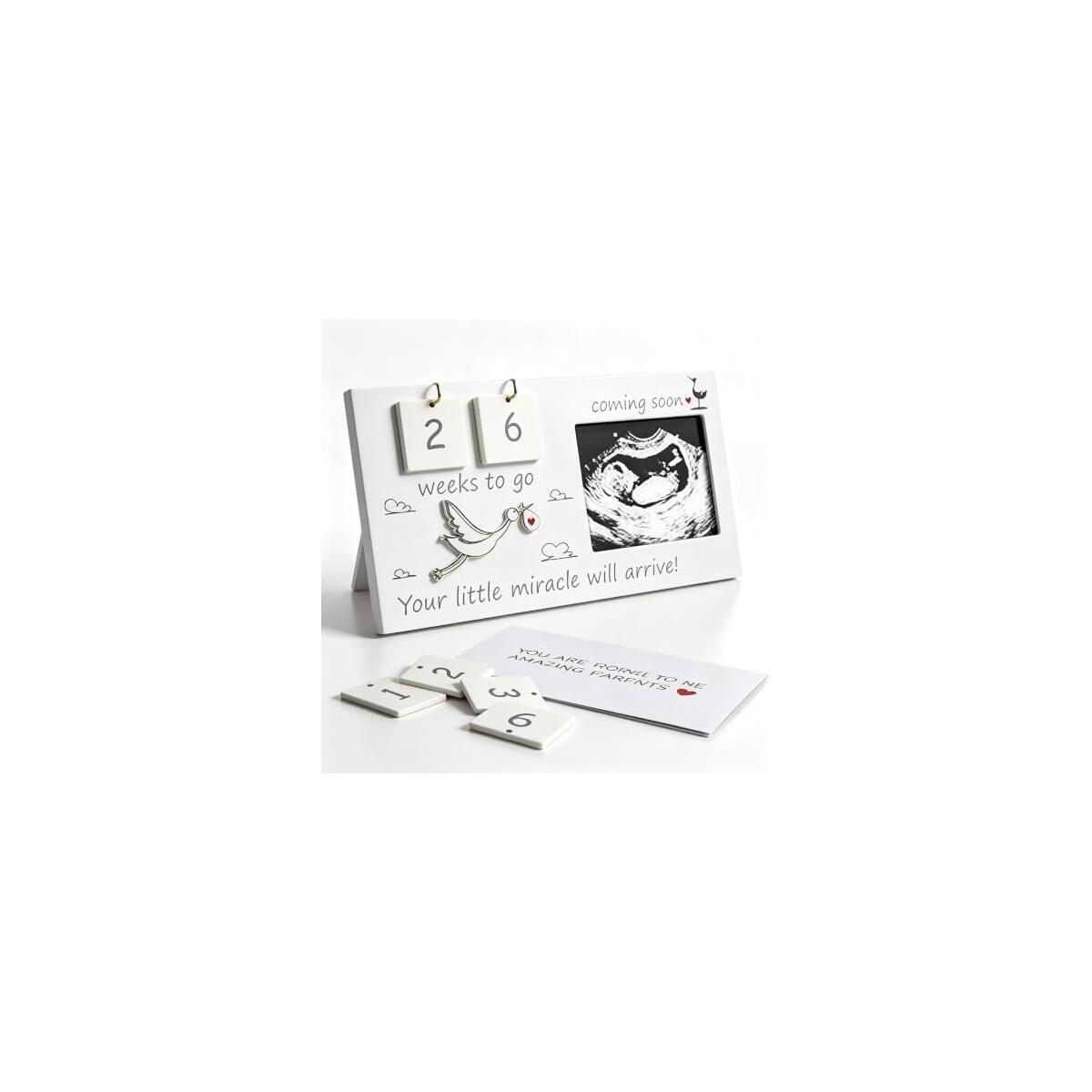 Baby Sonogram Picture Frame, Solid Wood, 10x5 Inch, with Pregnancy Week Countdown, Stork Design, Ultrasound Photo Display