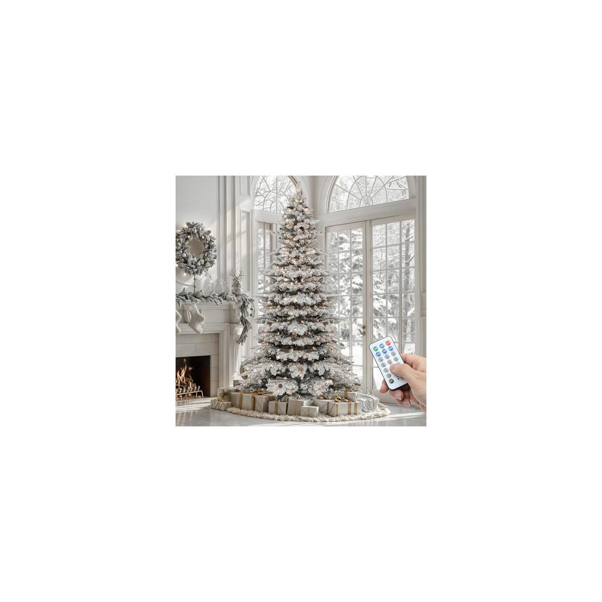 YITAHOME Pre-Lit Mountain Pine Flocked Christmas Tree with Remote, 7.5FT Pre-Decorated Hierarchical Tower Flocked Christmas Tree, 1278 Branch Tips, 550 Lights, 55 Pine Cones for Party Home Deco