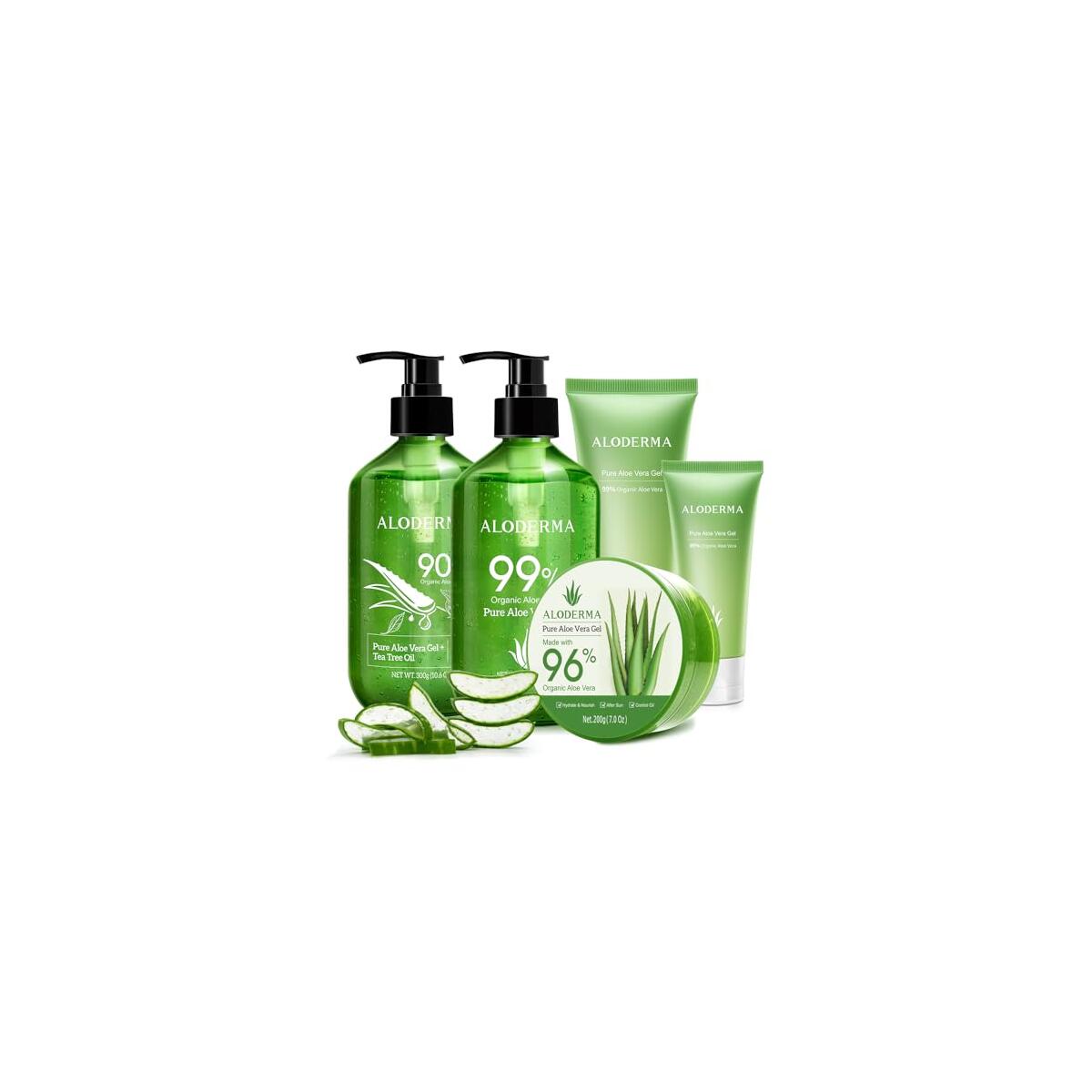 All Purpose Aloe Vera Gels Set - 6 Pieces - 300g Aloe Vera Gel, 300g Aloe Vera Gel + Tea Tree Oil, 2pcs x 200g Aloe Vera Gel, 114g Aloe Vera Gel & 45g Aloe Vera Gel