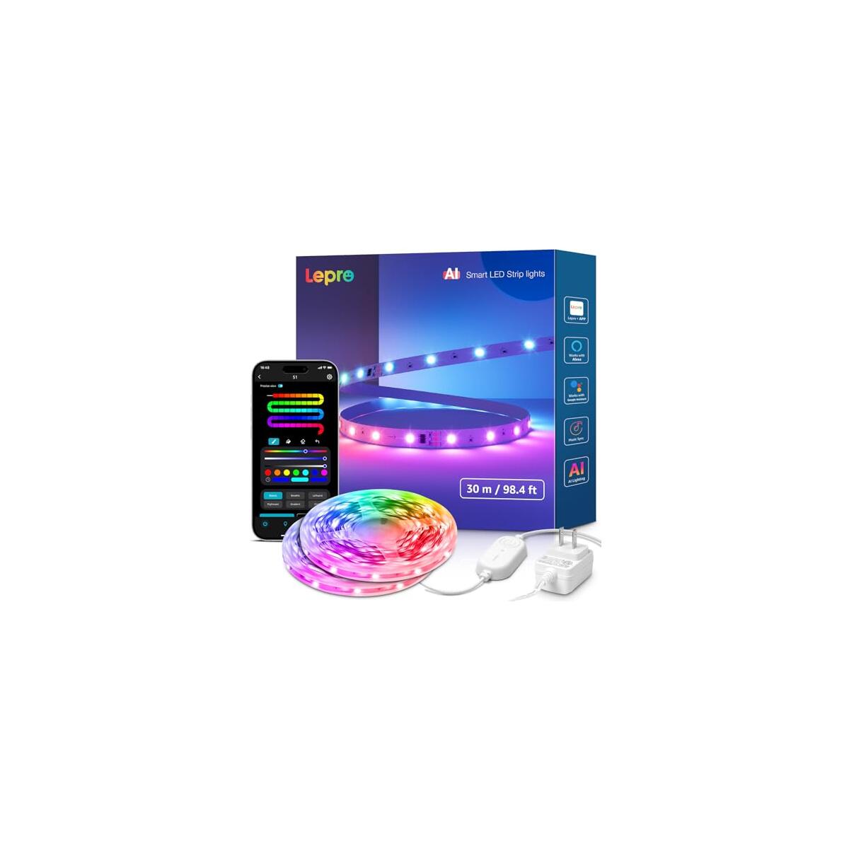 Lepro S1 AI LED Strip Lights for Christmas Decorations, 100ft(2 Rolls of 50ft) Smart RGB Light Strips with IC, Music Sync, Personalized Al Lighting Designer, No Remote, 2.4GHz Wi-Fi & Bluetooth