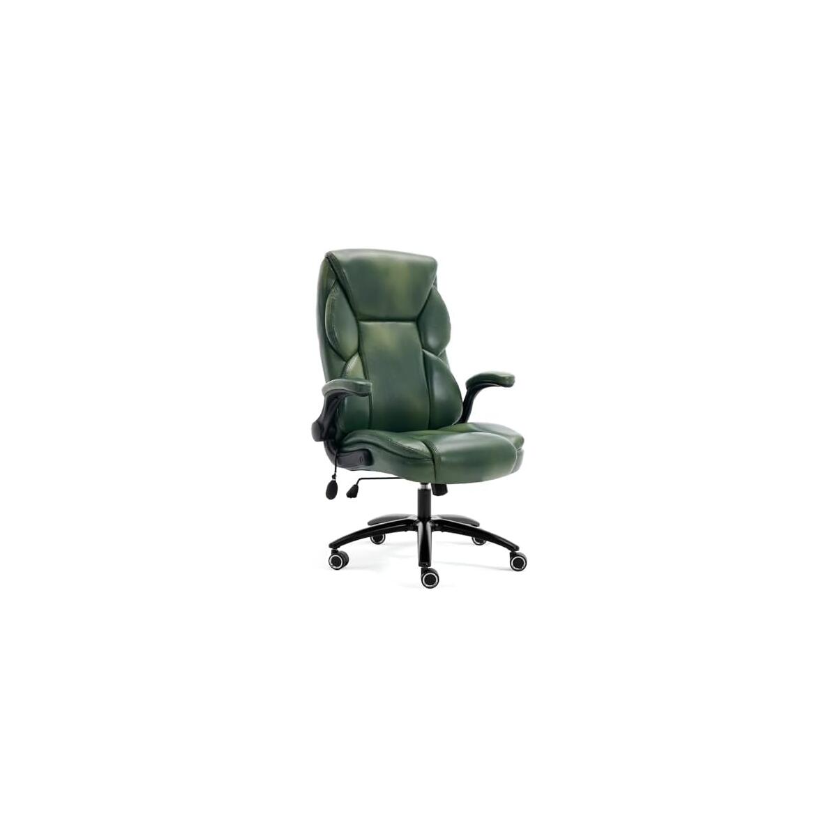 Executive Office Chair - Adjustable Inflatable Lumbar Support, Flip Up Arms, Heavy Duty Metal Base, Breathable PU Leather Ergonomic High Back Computer Chair Desk Chair, Thick Padded | Green