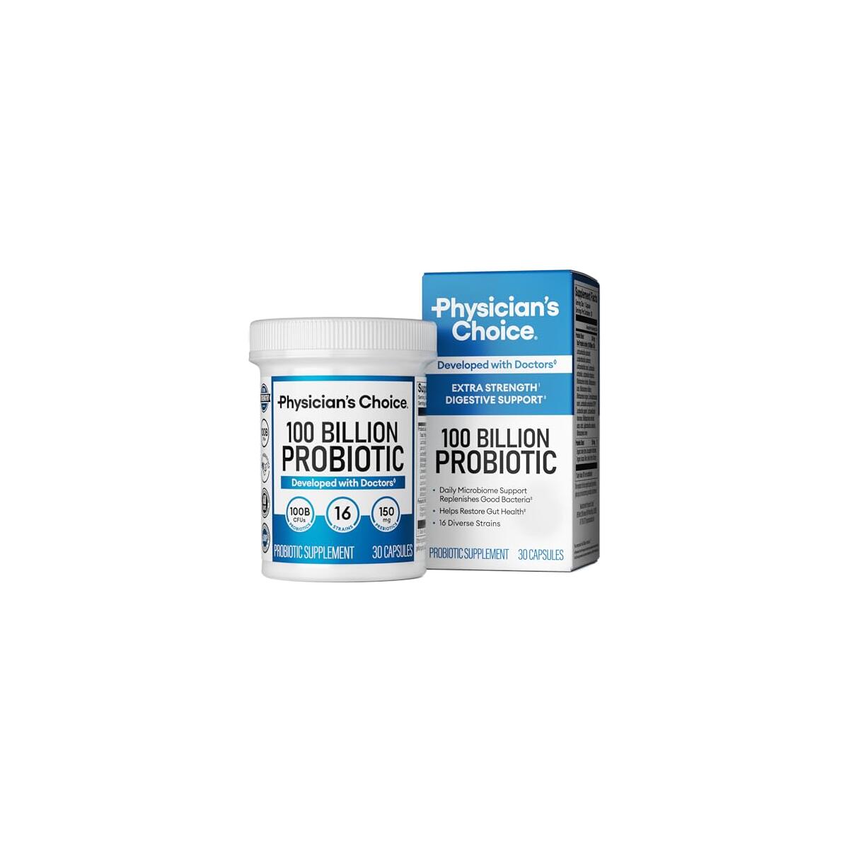 Physician's CHOICE 100 Billion Advanced Probiotic - 16 Strains + Organic Prebiotics - Digestive & Gut Health - Supports Occasional Constipation, Diarrhea, Gas & Bloating - Probiotics for Women & Men