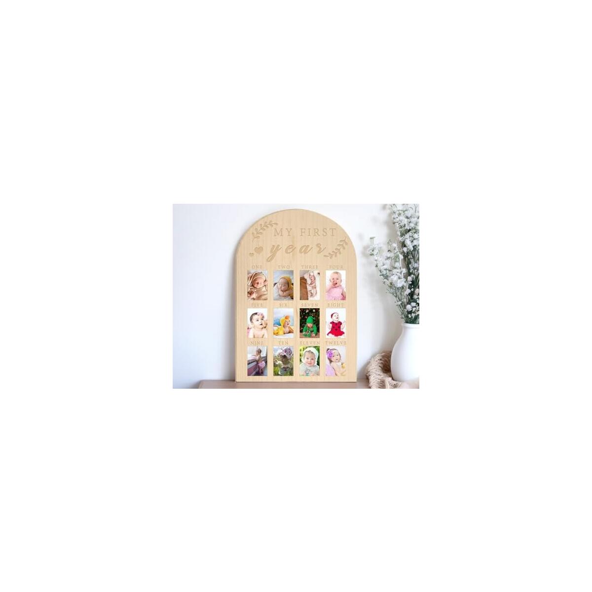 My First Year Photo Board, 12 Months Big Wooden Baby Milestone Display Frame, 1st Birthday Decorations Girl Boy Nursery Keepsake Gift for New Mom, My First Photo Album for Baby